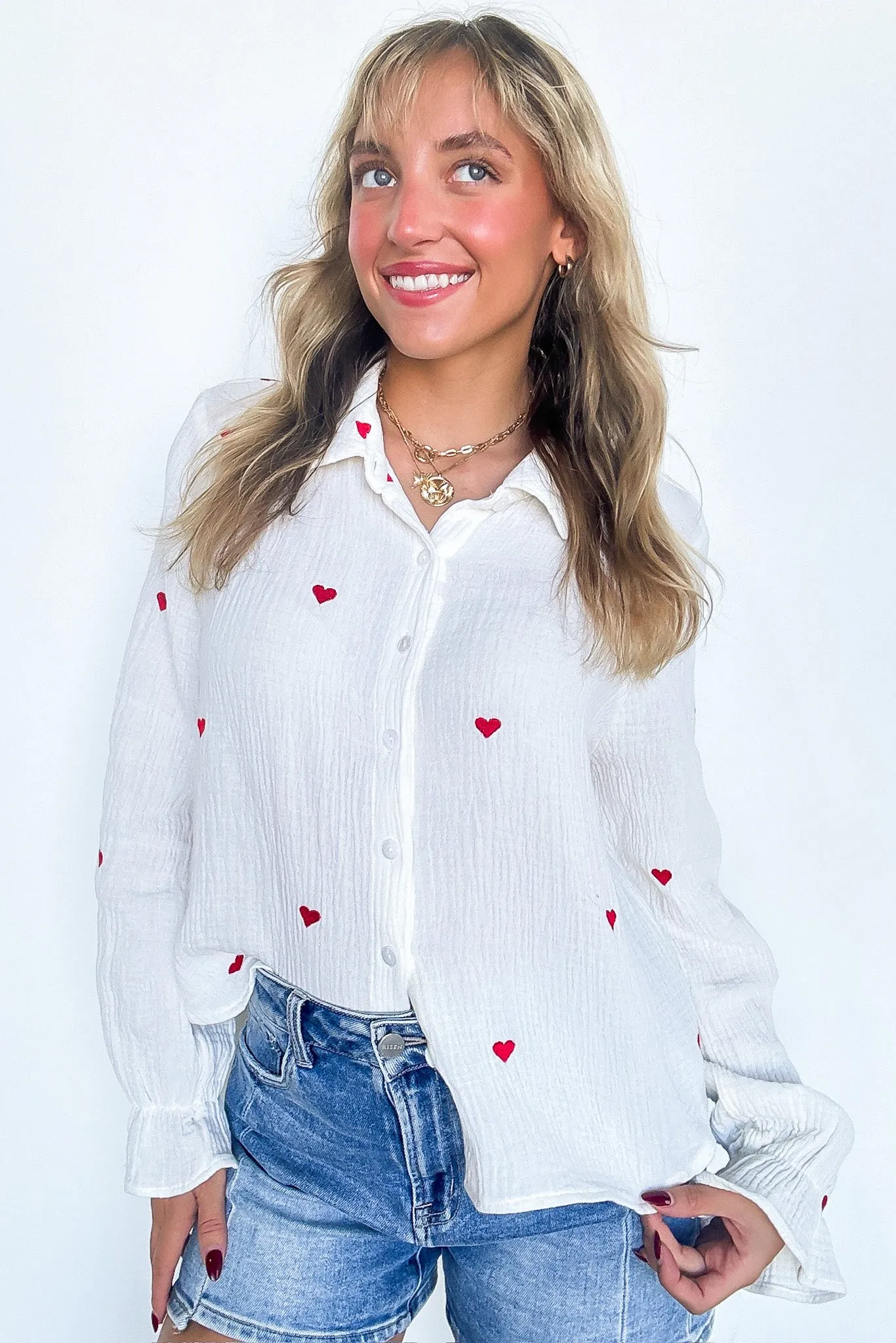 All You Need is Love Heart Embroidered Button Down