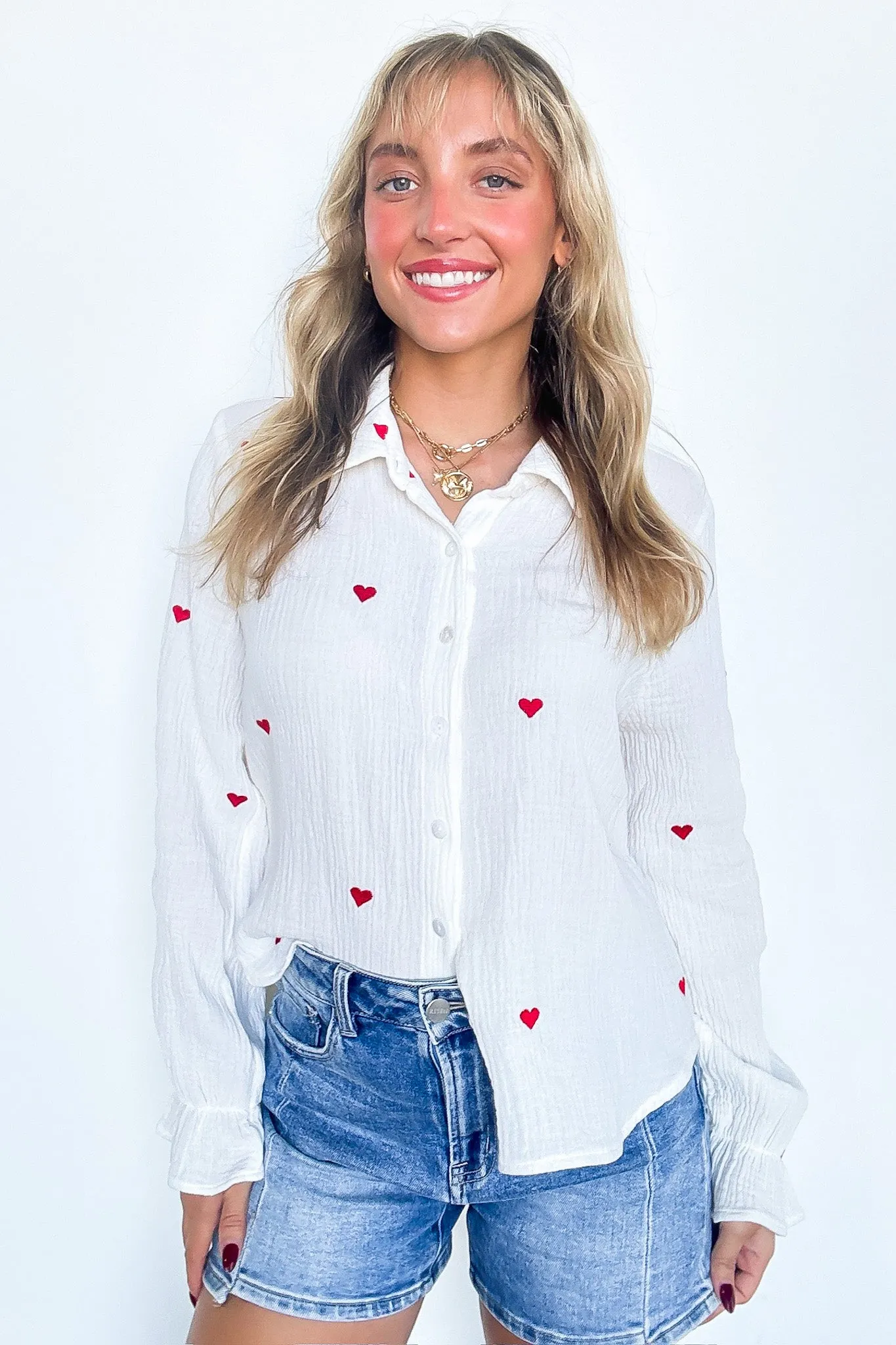 All You Need is Love Heart Embroidered Button Down