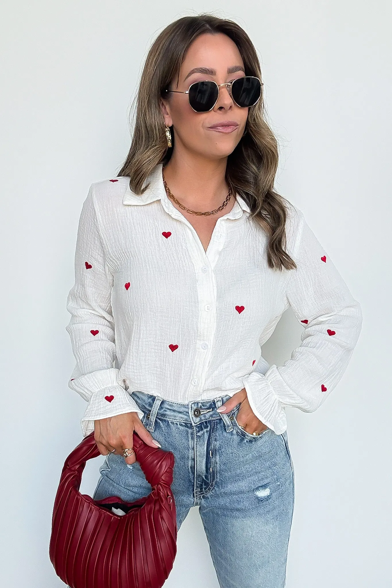 All You Need is Love Heart Embroidered Button Down