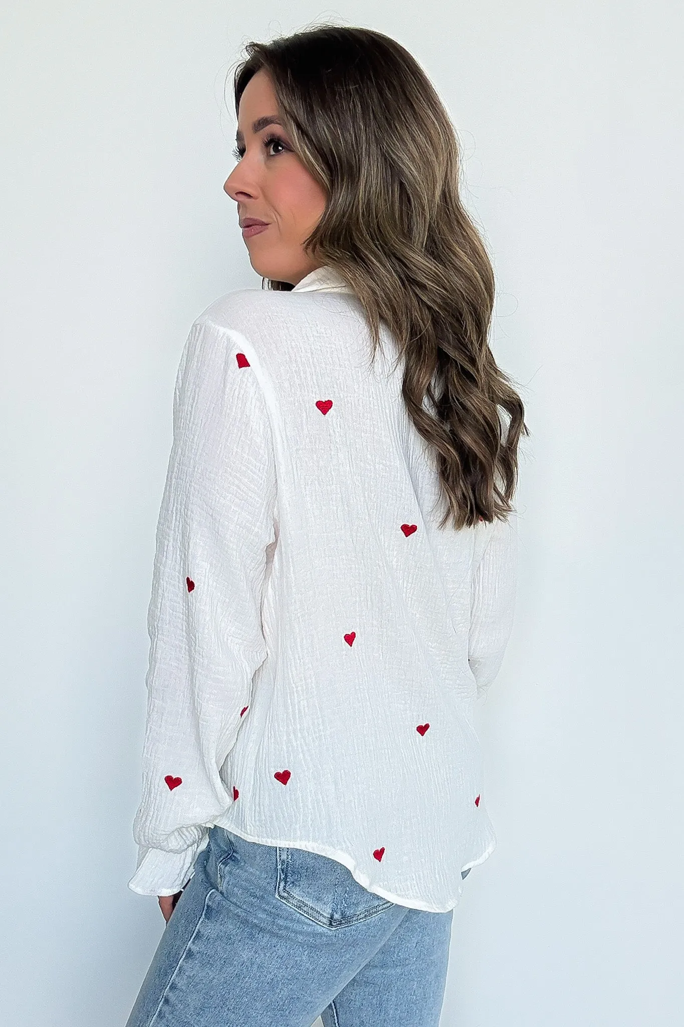 All You Need is Love Heart Embroidered Button Down