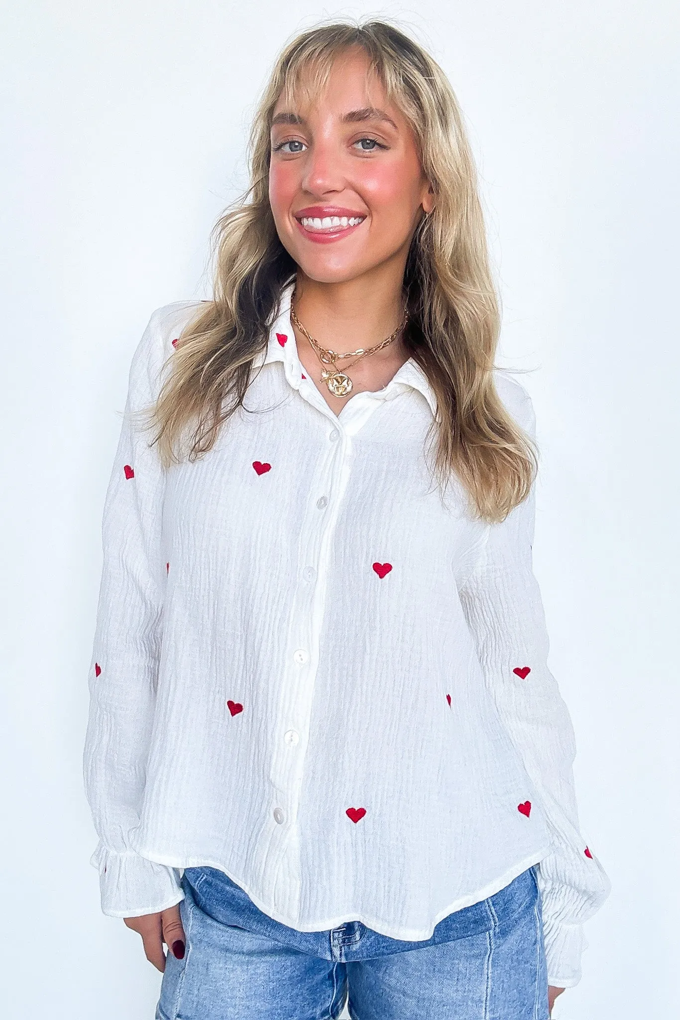 All You Need is Love Heart Embroidered Button Down