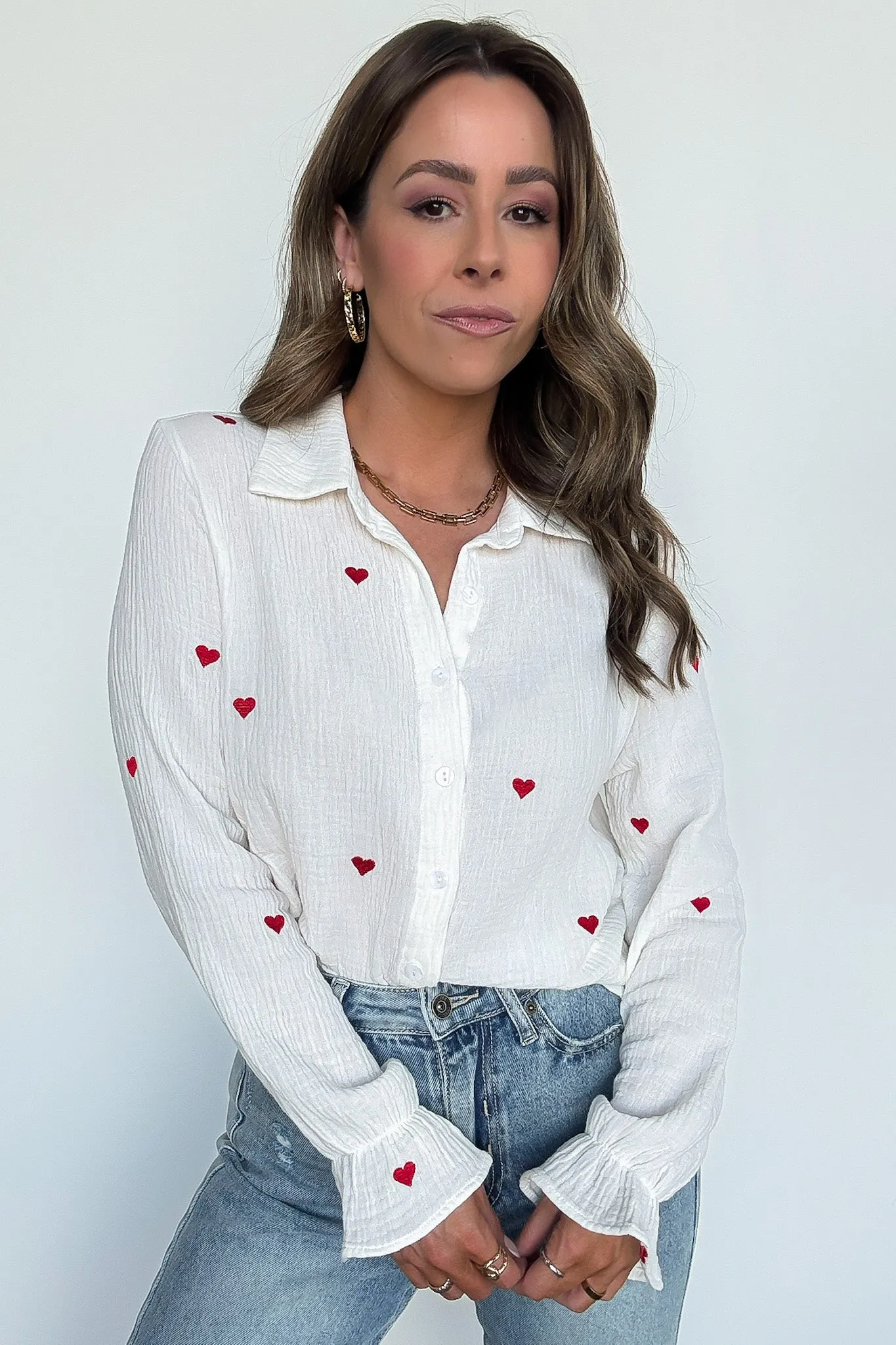 All You Need is Love Heart Embroidered Button Down