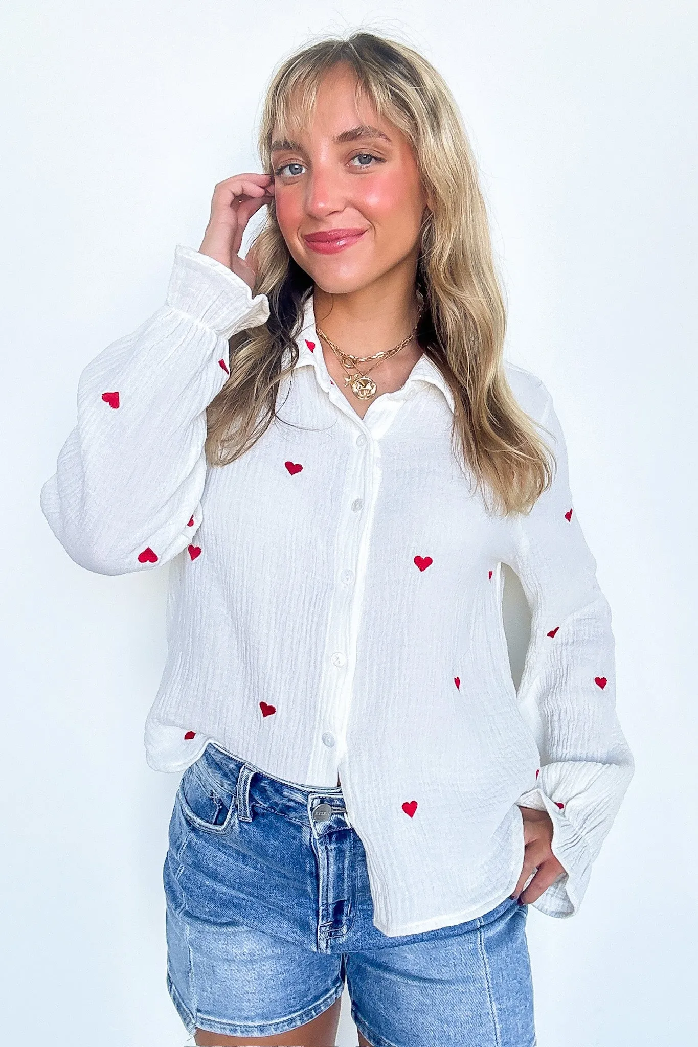 All You Need is Love Heart Embroidered Button Down
