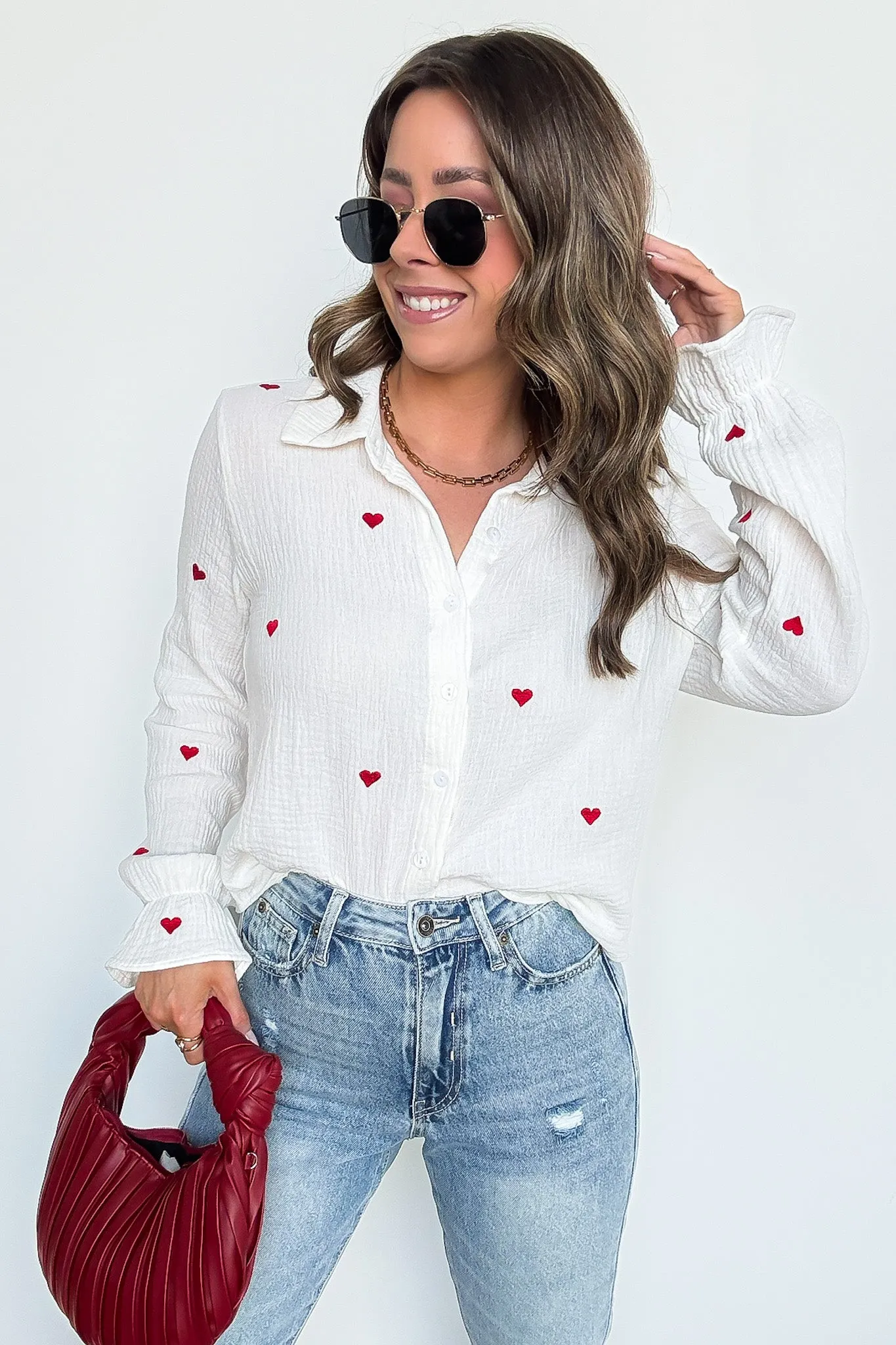 All You Need is Love Heart Embroidered Button Down