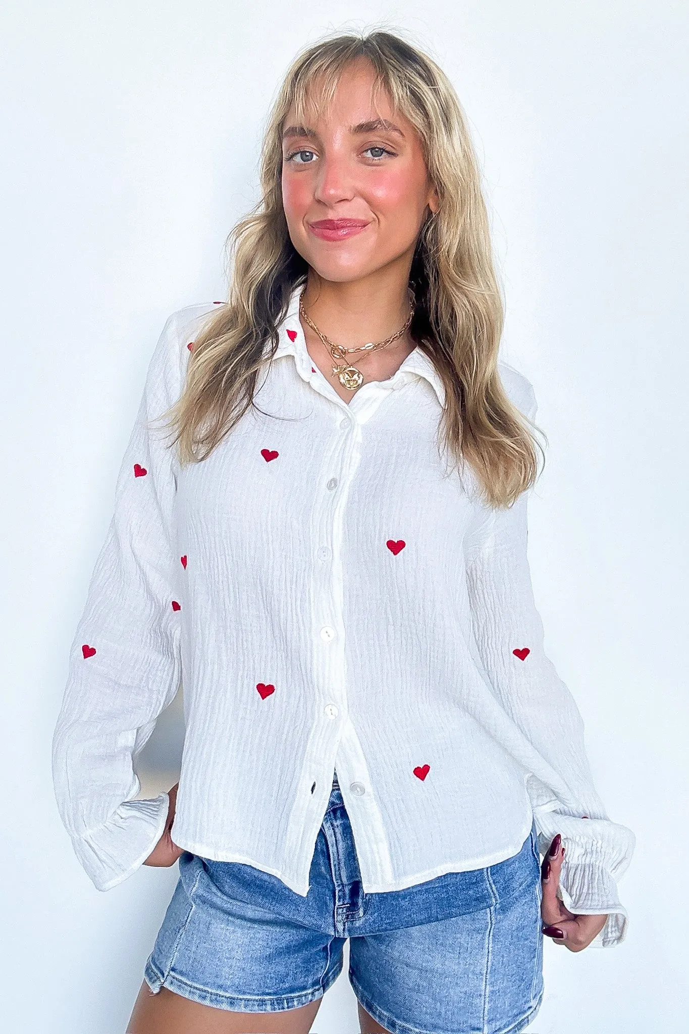 All You Need is Love Heart Embroidered Button Down