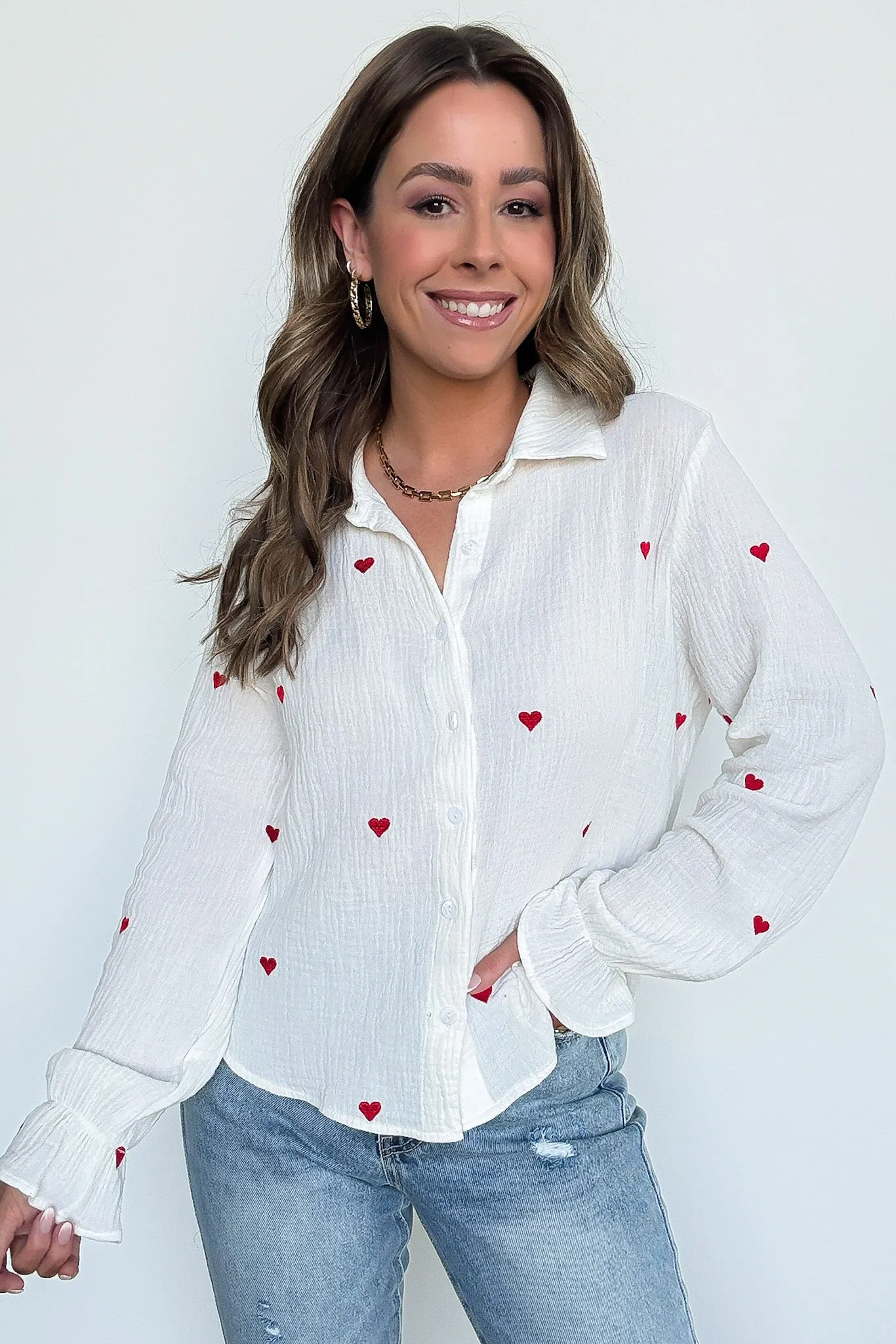 All You Need is Love Heart Embroidered Button Down