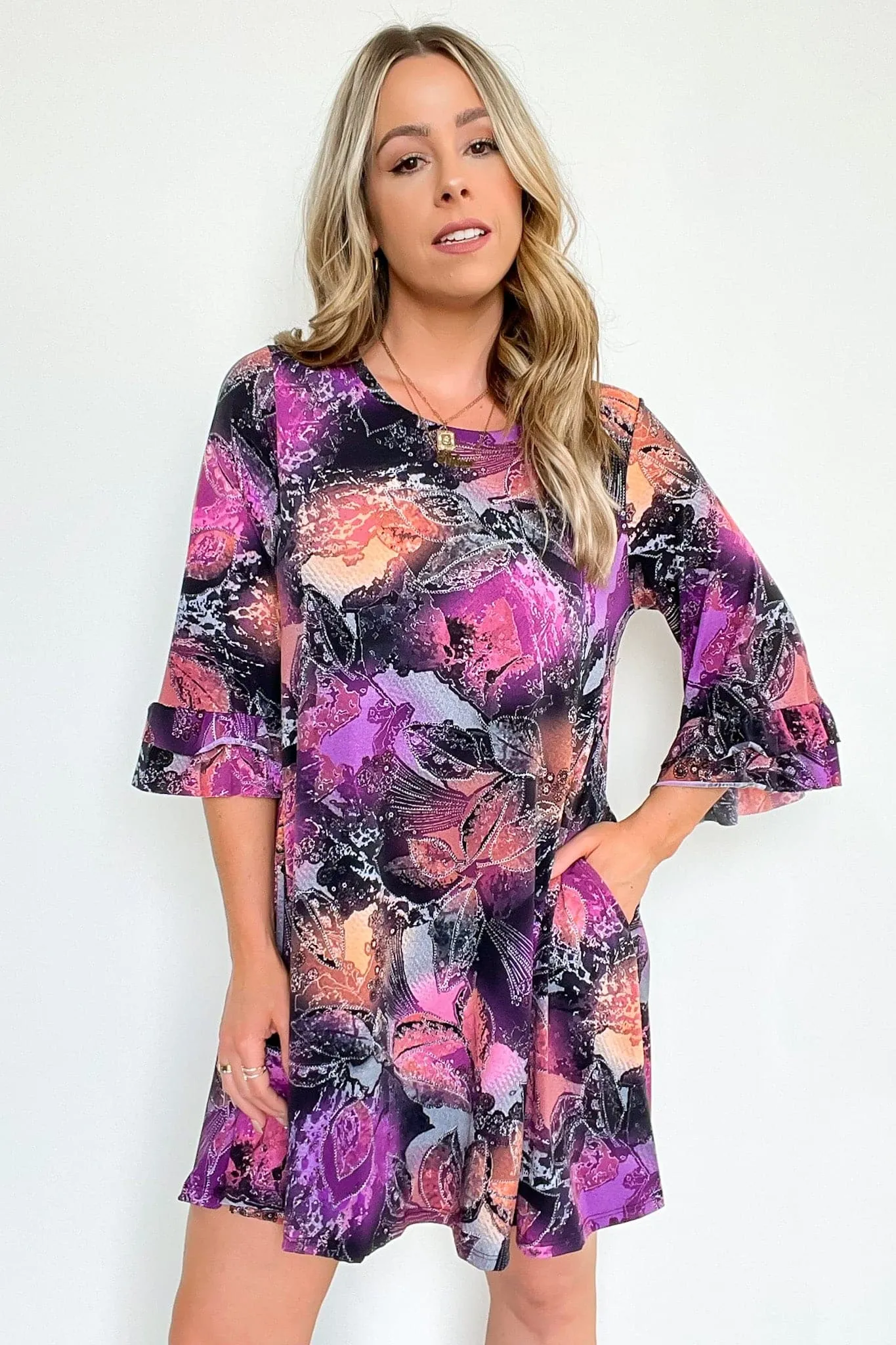 Alluring Arrival Abstract Ruffle Sleeve Dress - FINAL SALE