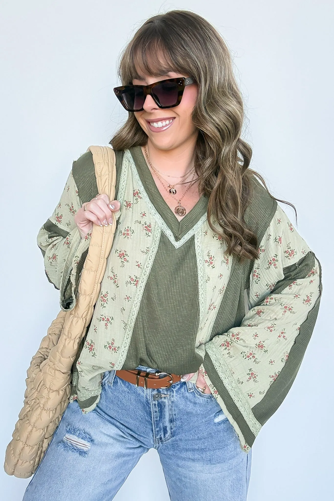 Allysia V-Neck Floral Contrast Top - FINAL SALE