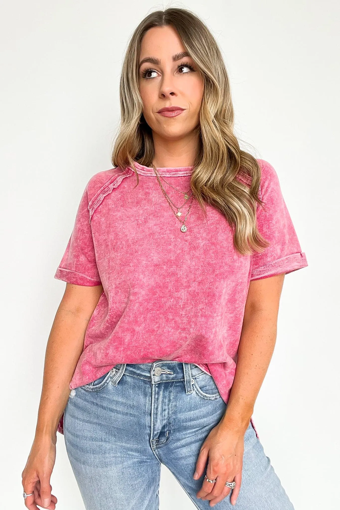 Ashlie Acid Wash Rolled Sleeve Top - BACK IN STOCK