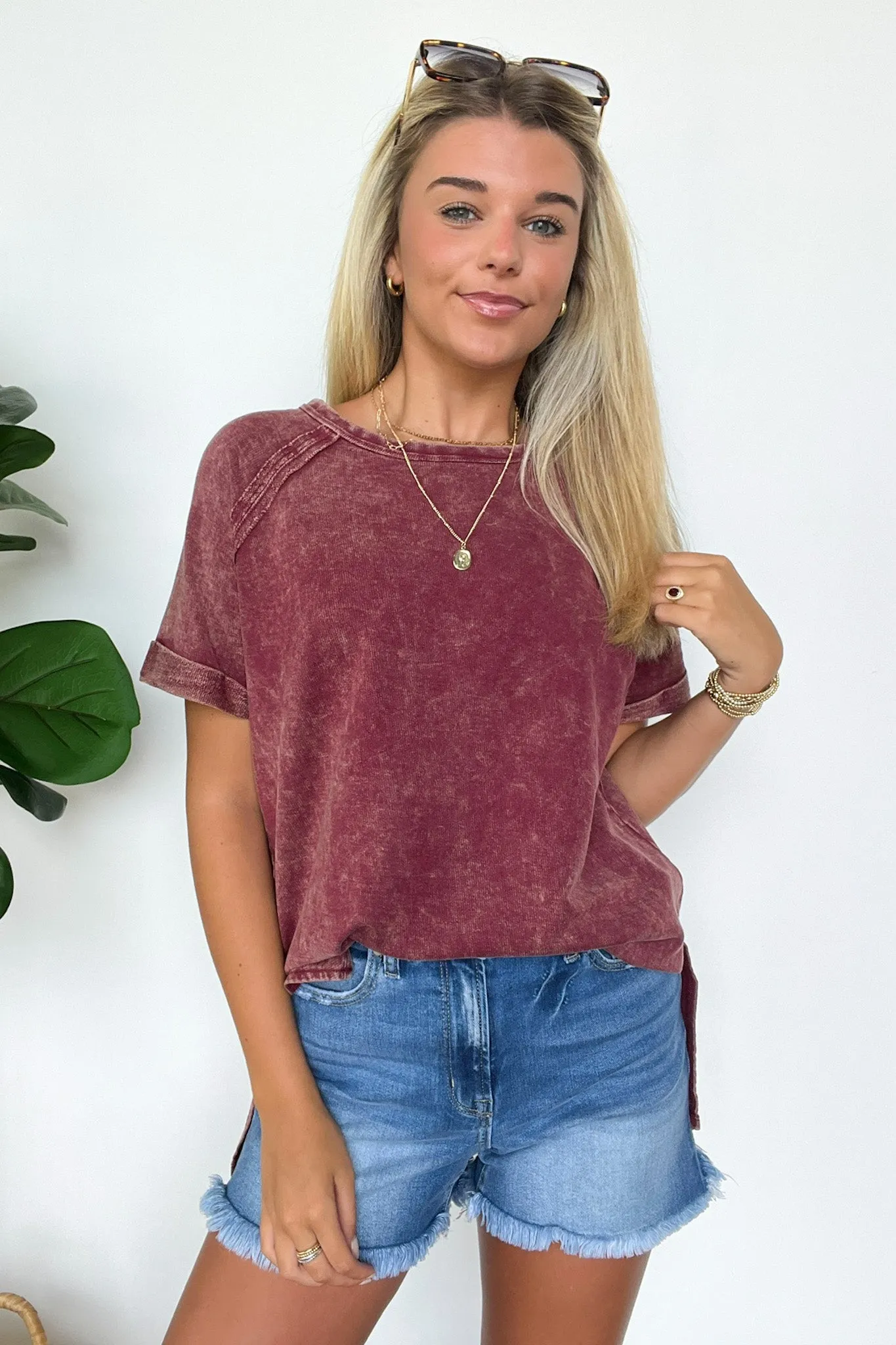 Ashlie Acid Wash Rolled Sleeve Top - BACK IN STOCK