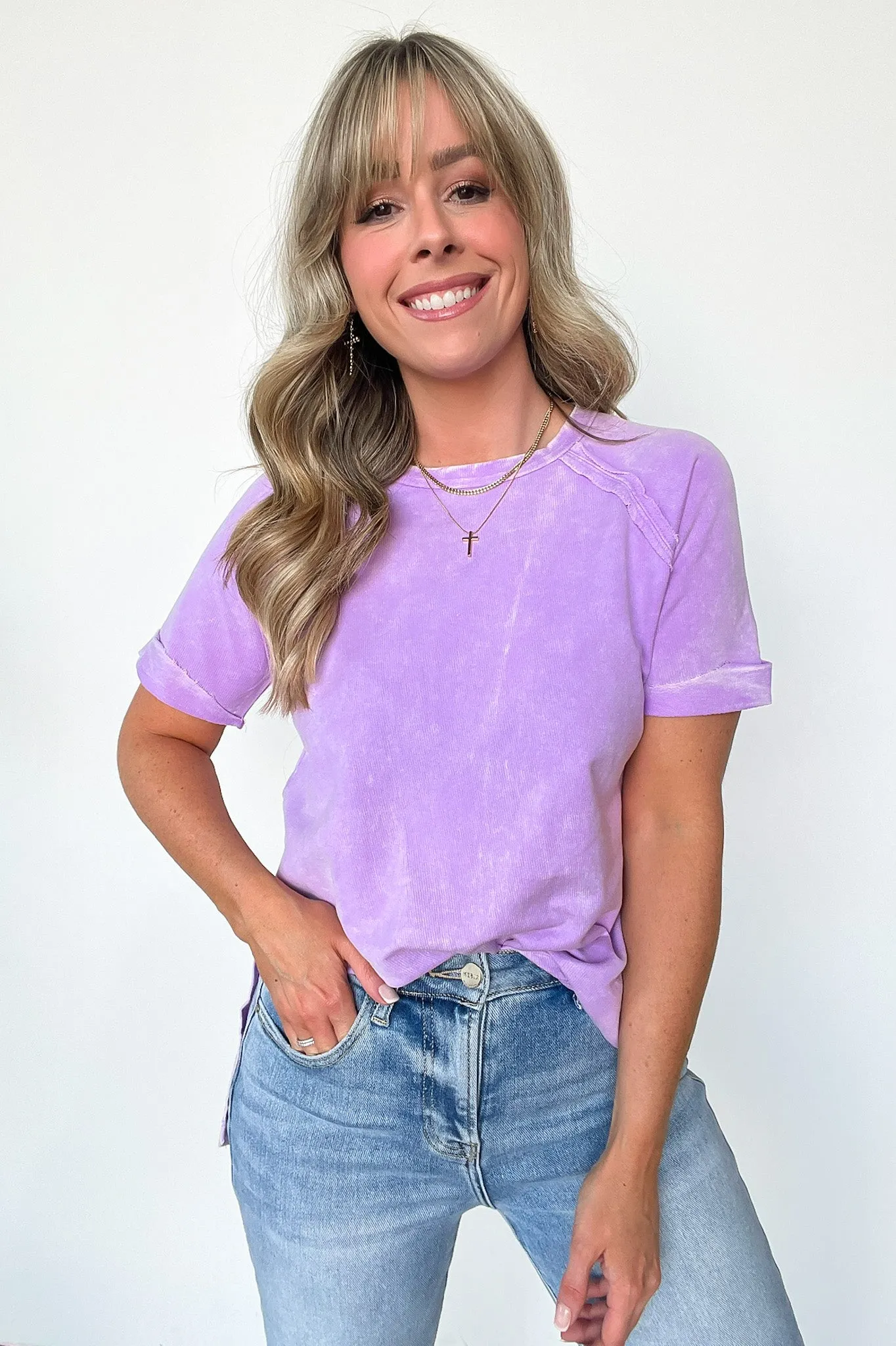 Ashlie Acid Wash Rolled Sleeve Top - BACK IN STOCK