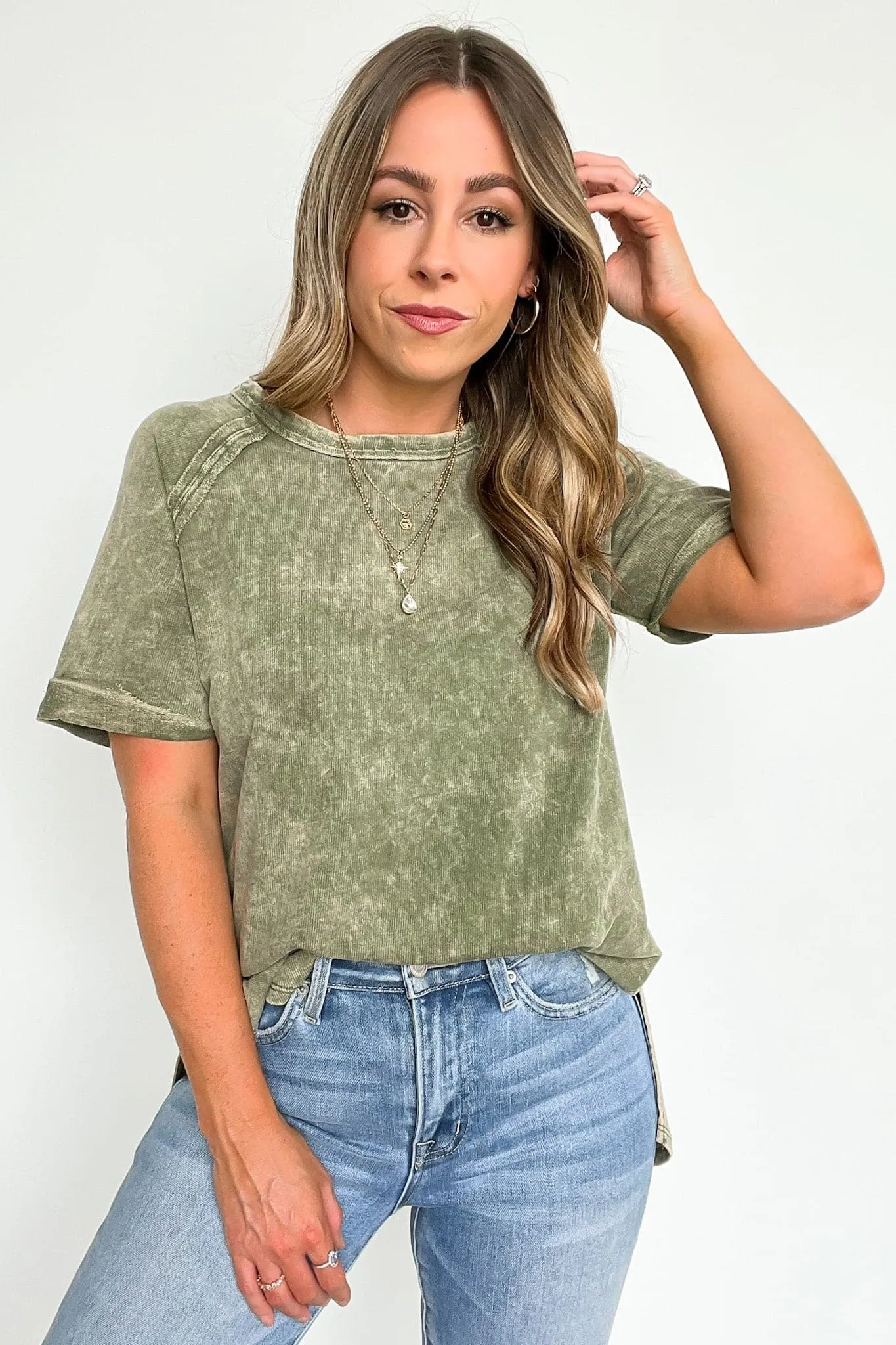 Ashlie Acid Wash Rolled Sleeve Top - BACK IN STOCK