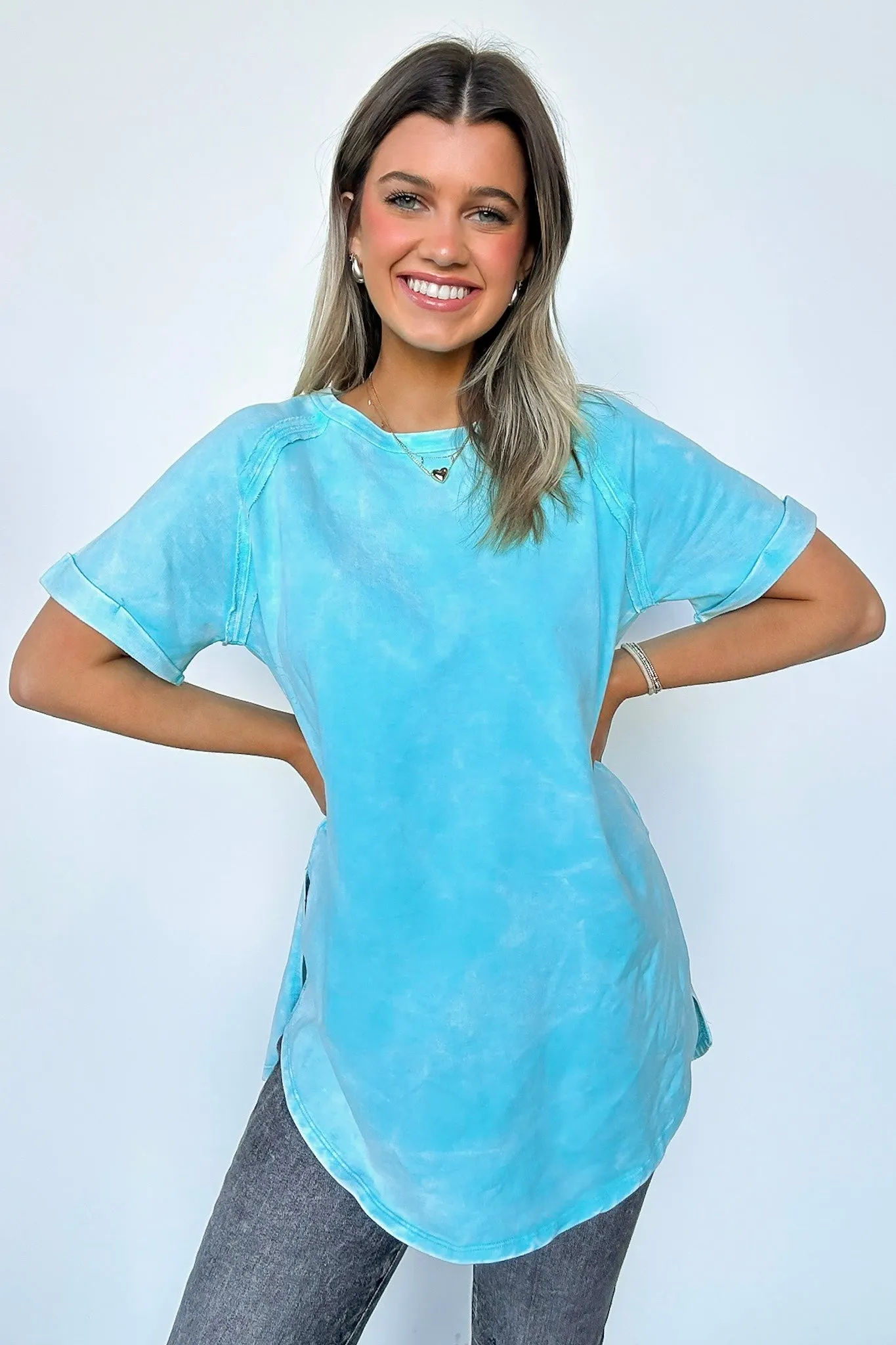 Ashlie Acid Wash Rolled Sleeve Top - BACK IN STOCK