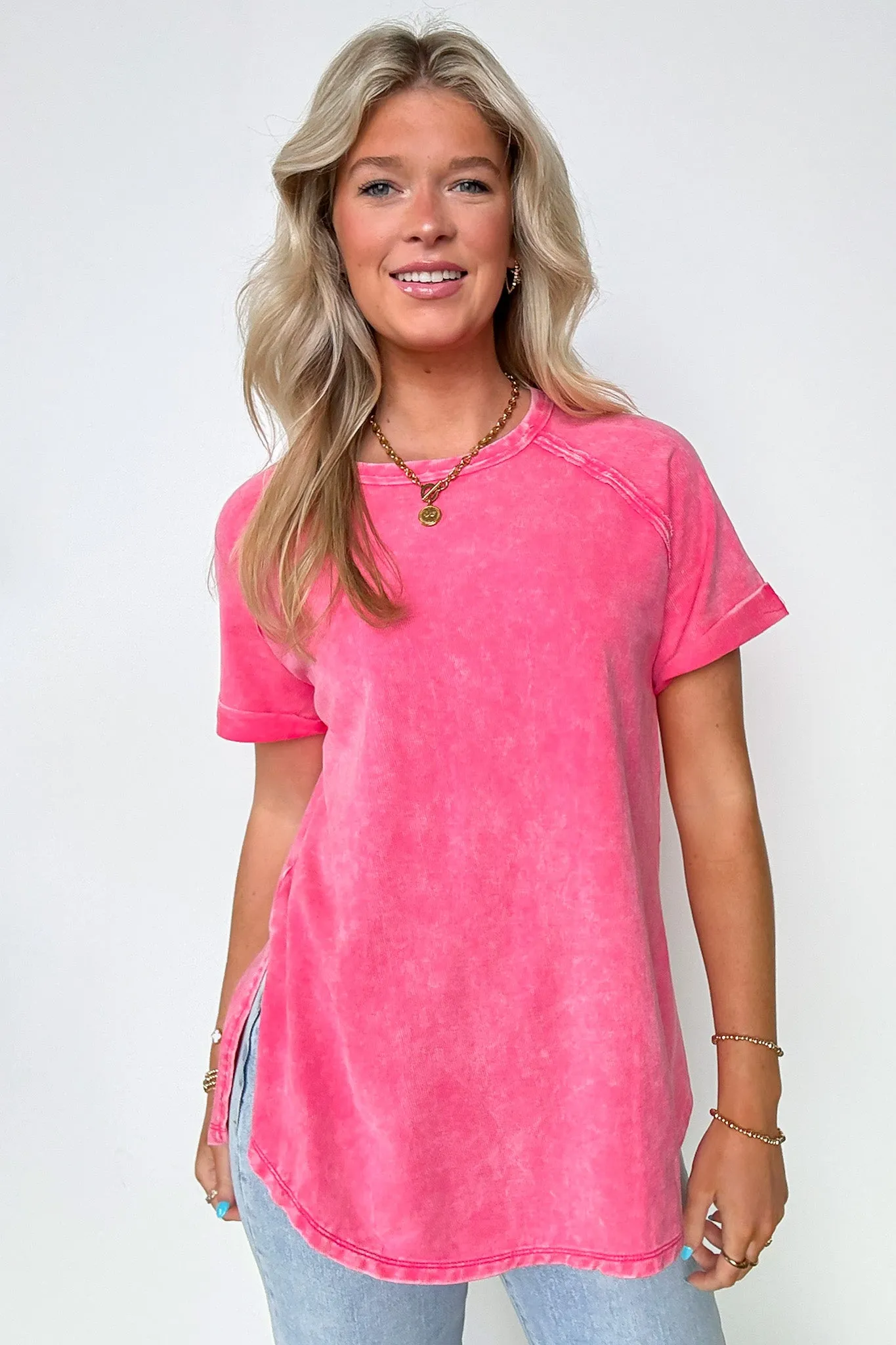 Ashlie Acid Wash Rolled Sleeve Top - BACK IN STOCK