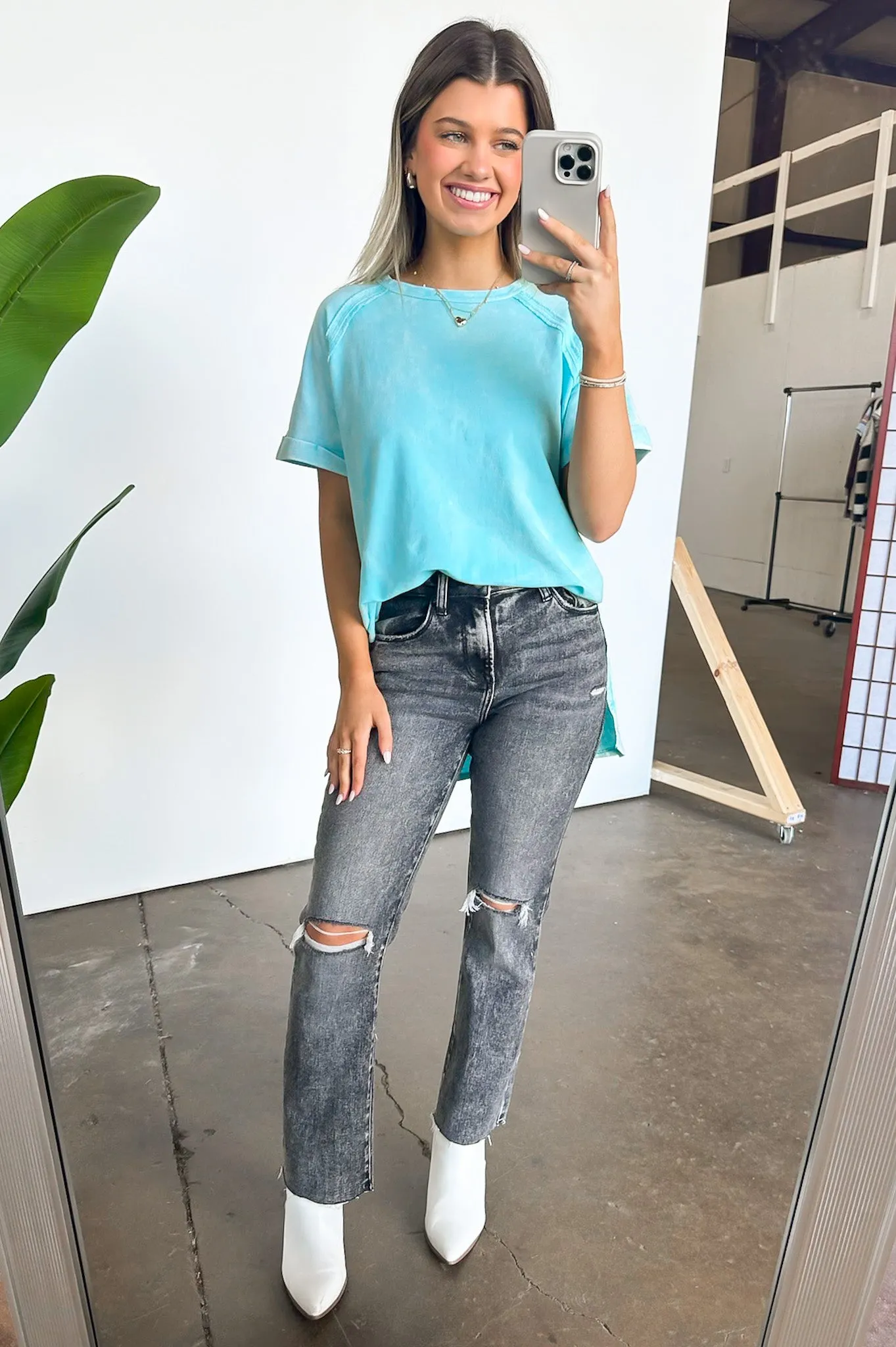 Ashlie Acid Wash Rolled Sleeve Top - BACK IN STOCK