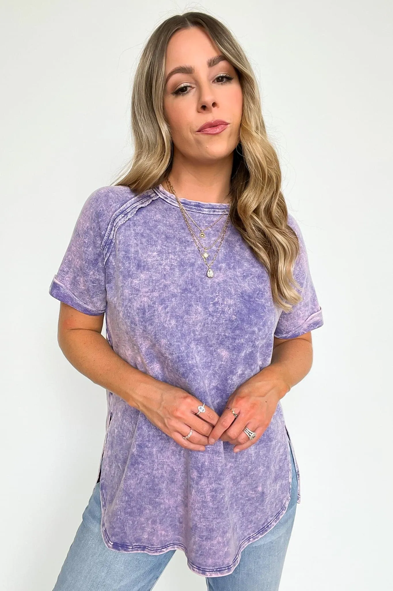 Ashlie Acid Wash Rolled Sleeve Top - BACK IN STOCK
