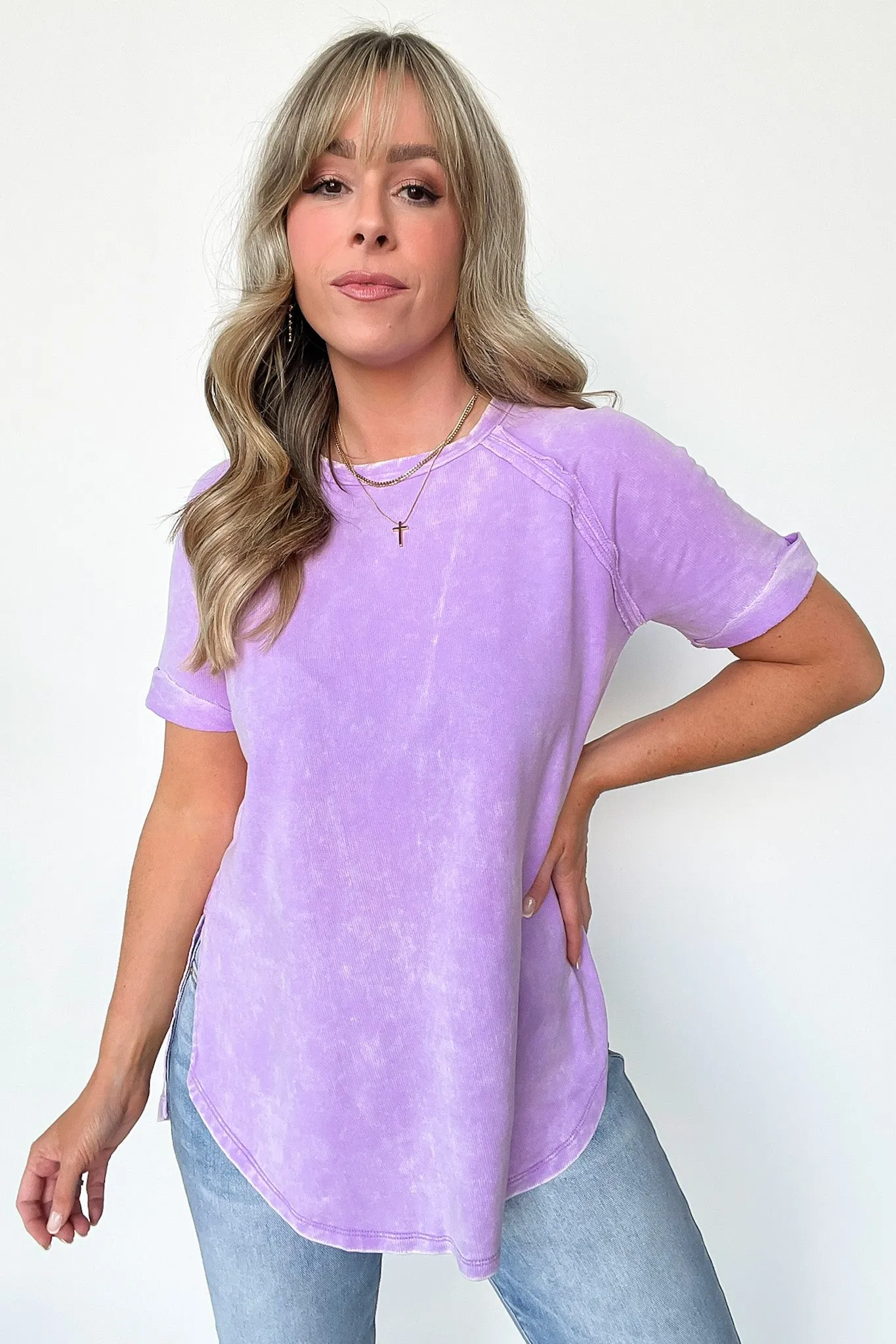 Ashlie Acid Wash Rolled Sleeve Top - BACK IN STOCK
