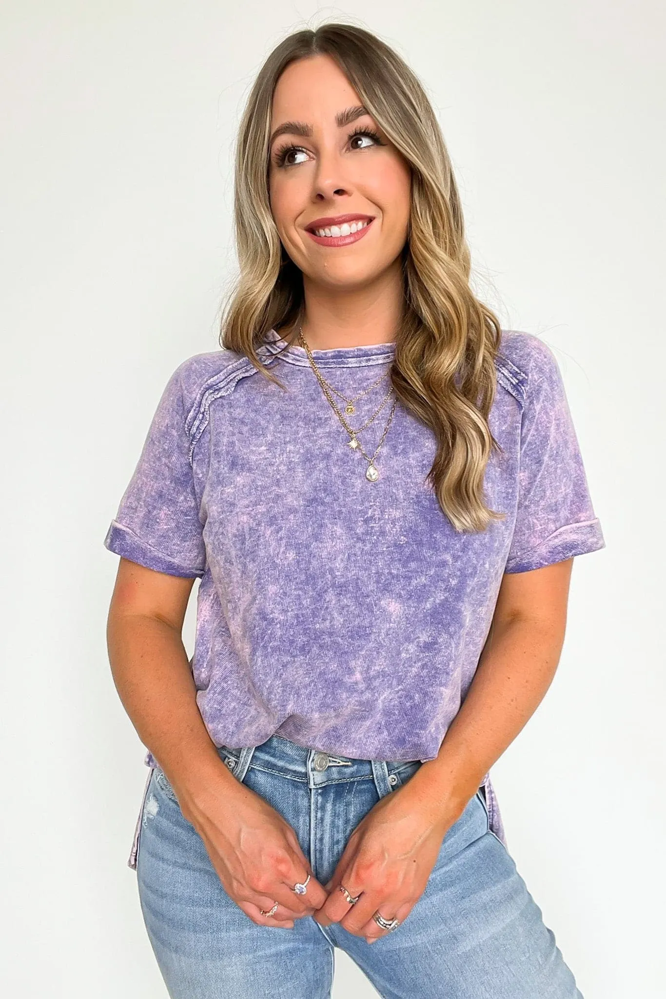 Ashlie Acid Wash Rolled Sleeve Top - BACK IN STOCK
