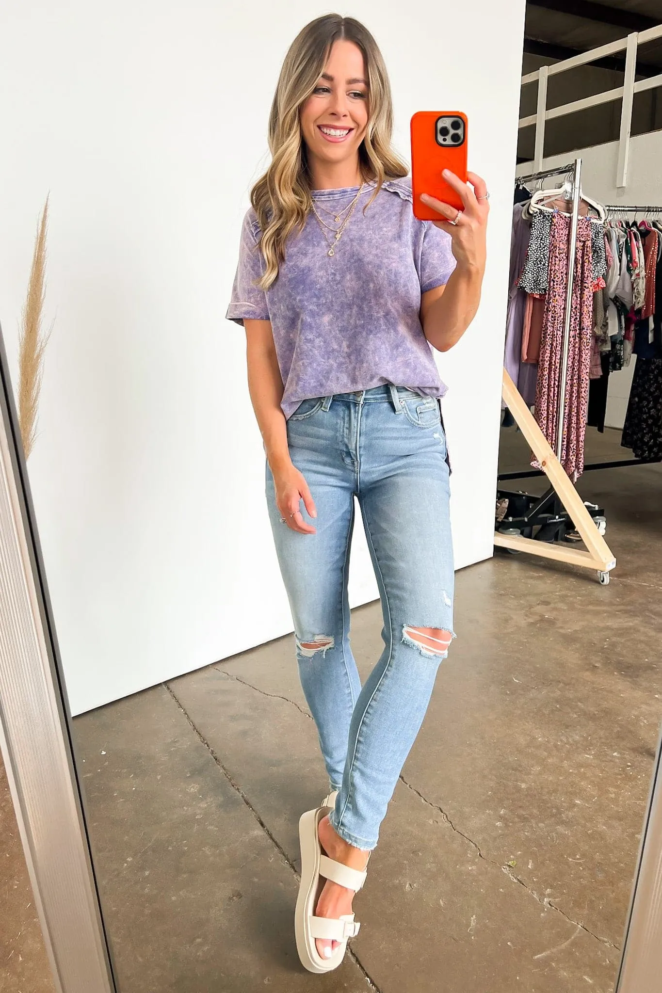 Ashlie Acid Wash Rolled Sleeve Top - BACK IN STOCK