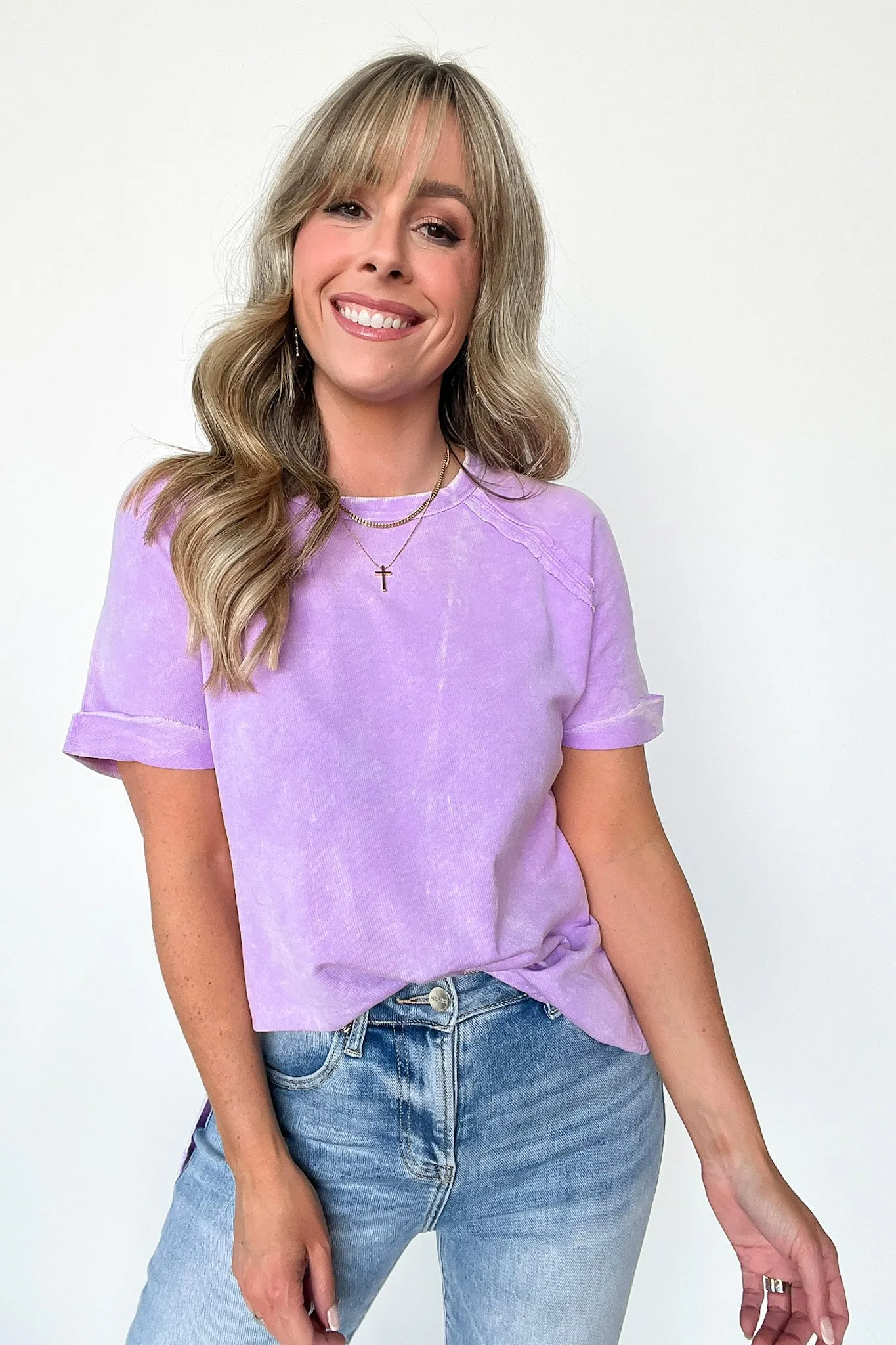Ashlie Acid Wash Rolled Sleeve Top - BACK IN STOCK