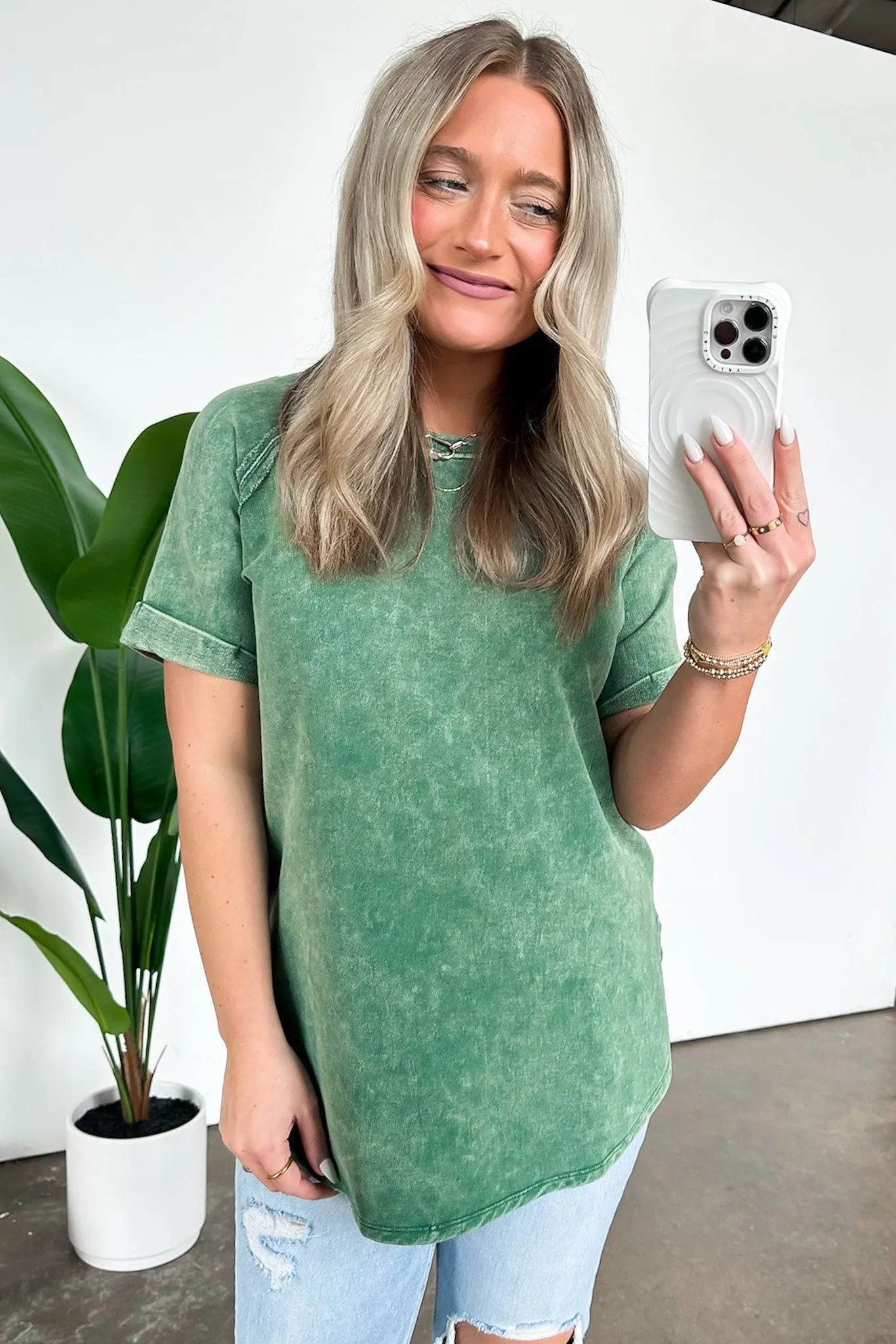 Ashlie Acid Wash Rolled Sleeve Top - BACK IN STOCK