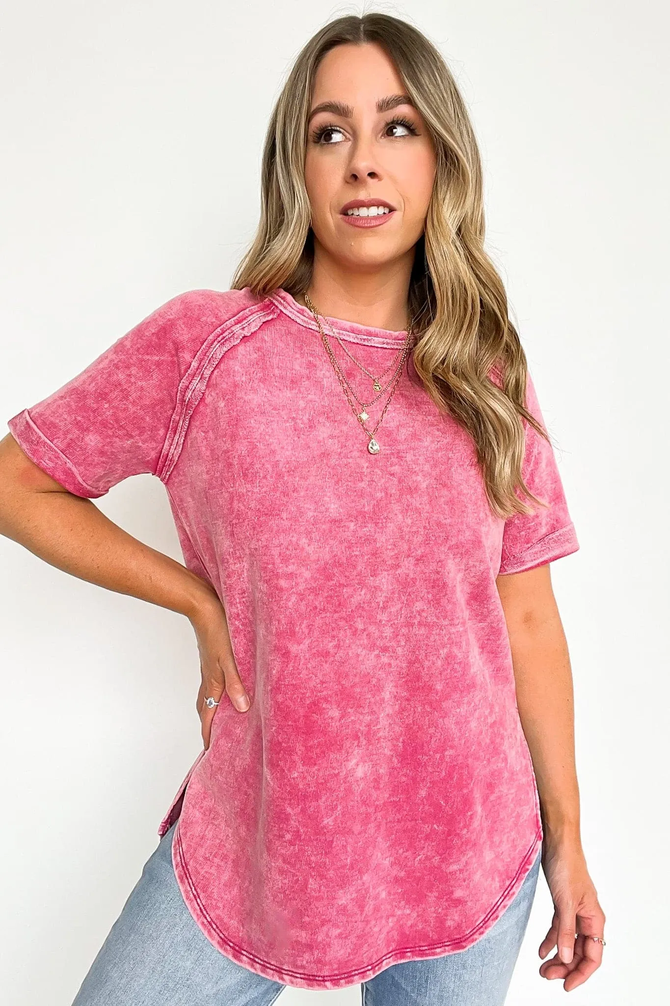 Ashlie Acid Wash Rolled Sleeve Top - BACK IN STOCK