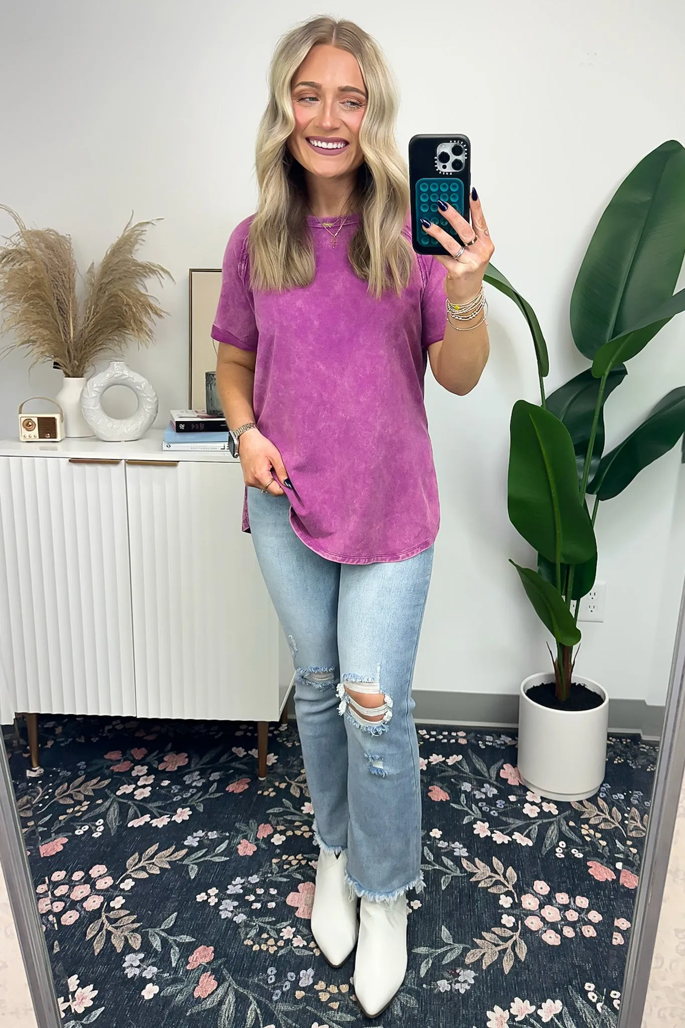 Ashlie Acid Wash Rolled Sleeve Top - BACK IN STOCK