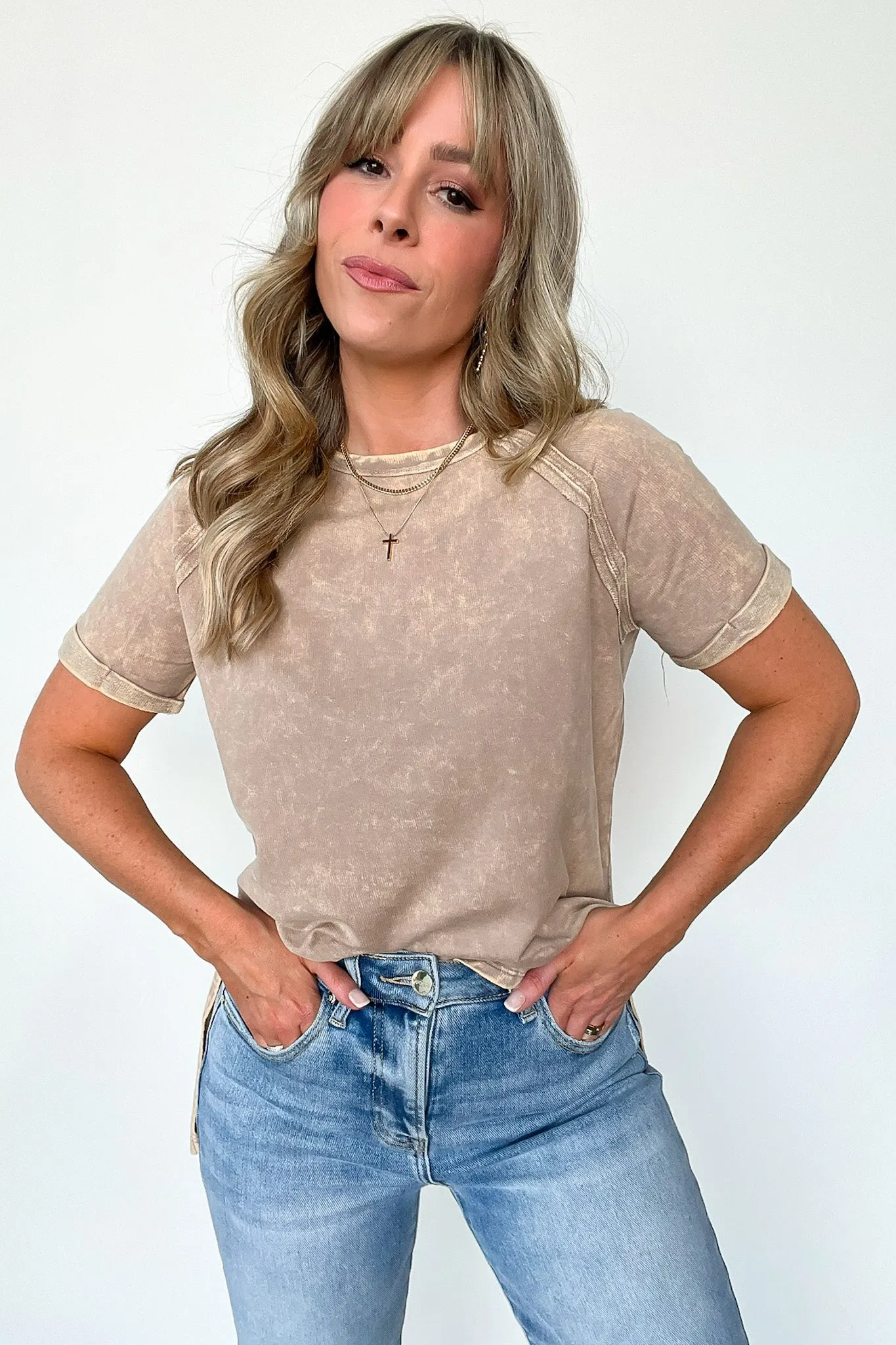 Ashlie Acid Wash Rolled Sleeve Top - BACK IN STOCK