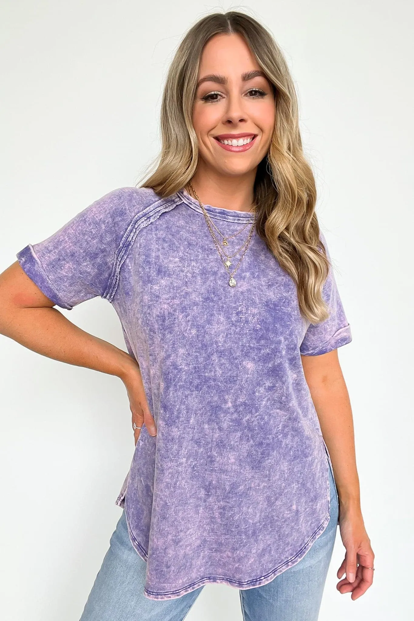 Ashlie Acid Wash Rolled Sleeve Top - BACK IN STOCK