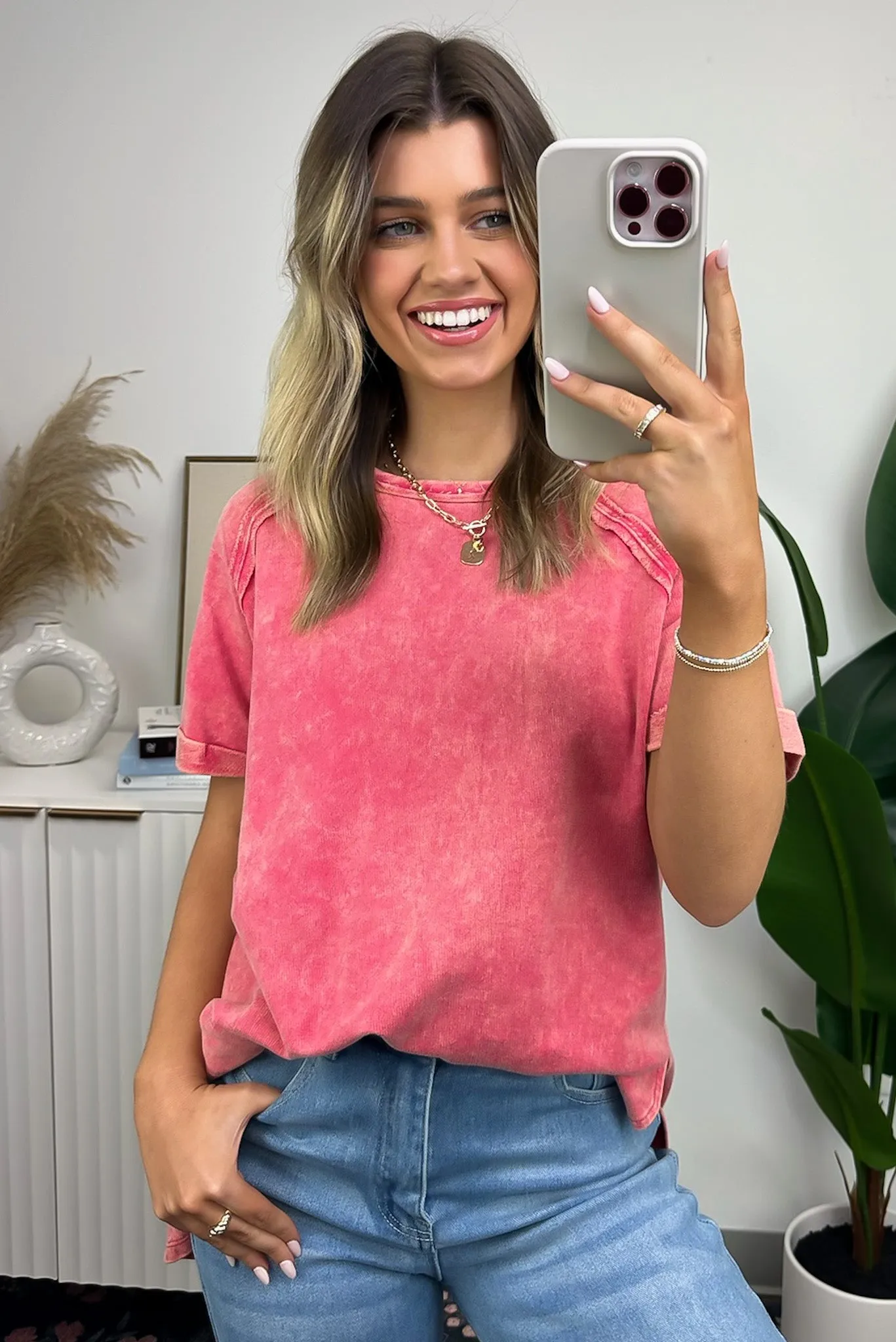 Ashlie Acid Wash Rolled Sleeve Top - BACK IN STOCK