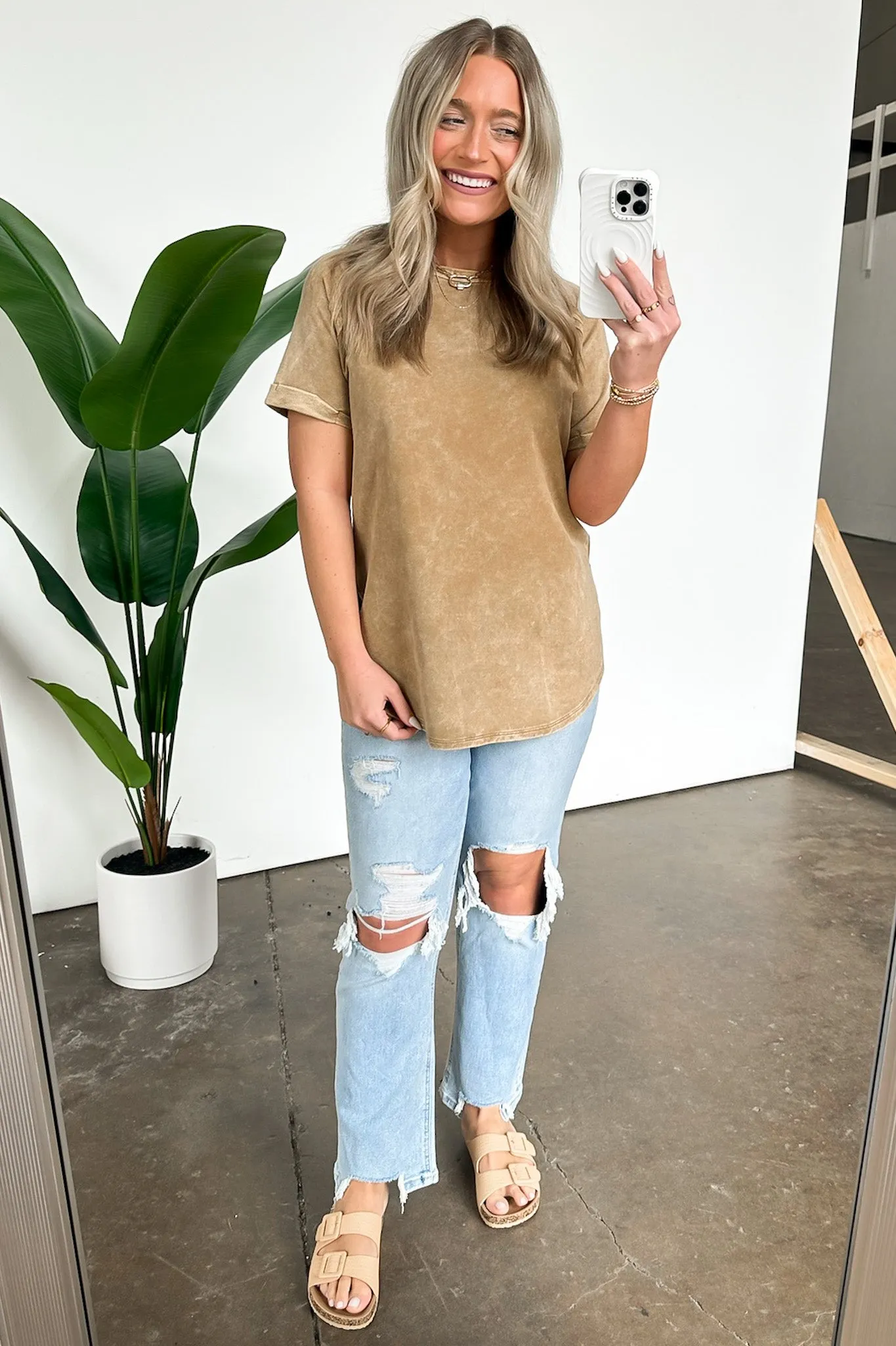 Ashlie Acid Wash Rolled Sleeve Top - BACK IN STOCK