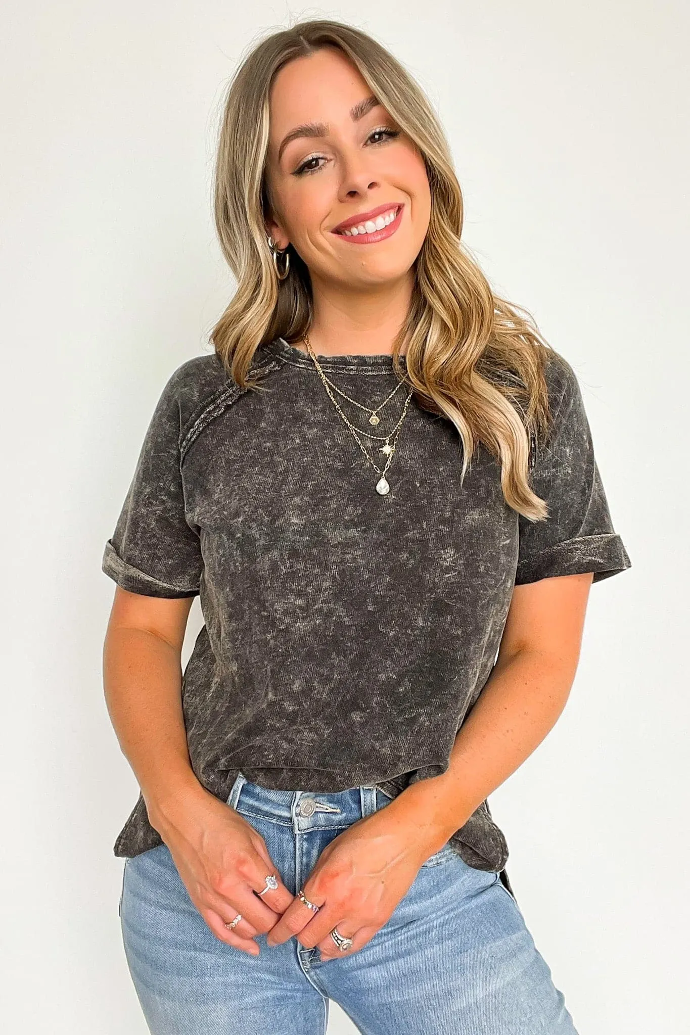 Ashlie Acid Wash Rolled Sleeve Top - BACK IN STOCK