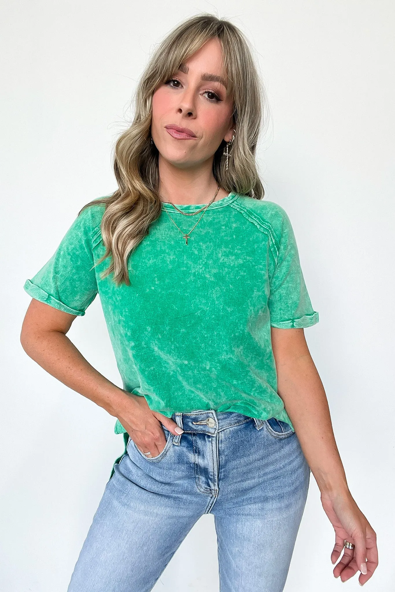 Ashlie Acid Wash Rolled Sleeve Top - BACK IN STOCK
