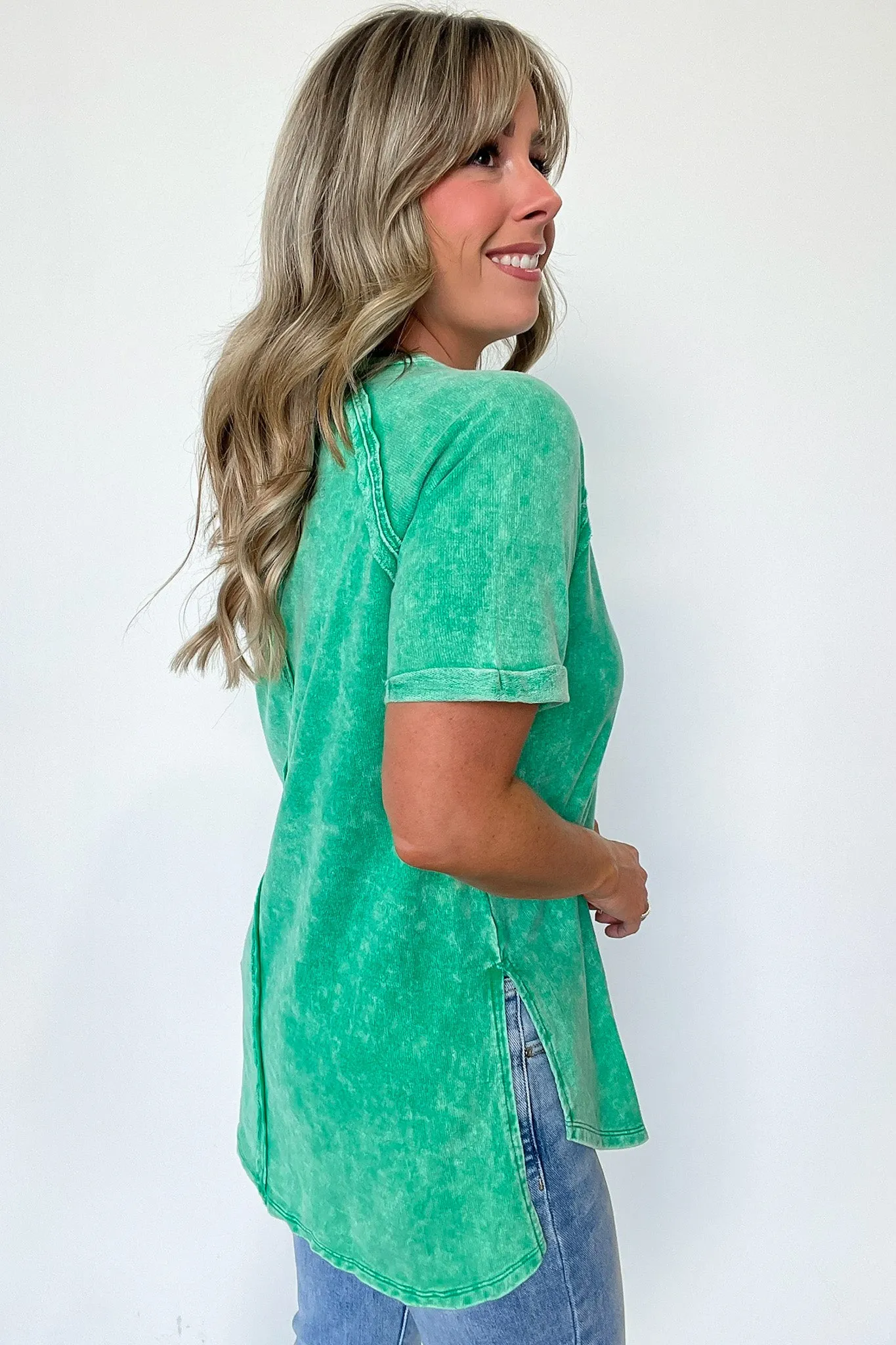Ashlie Acid Wash Rolled Sleeve Top - BACK IN STOCK