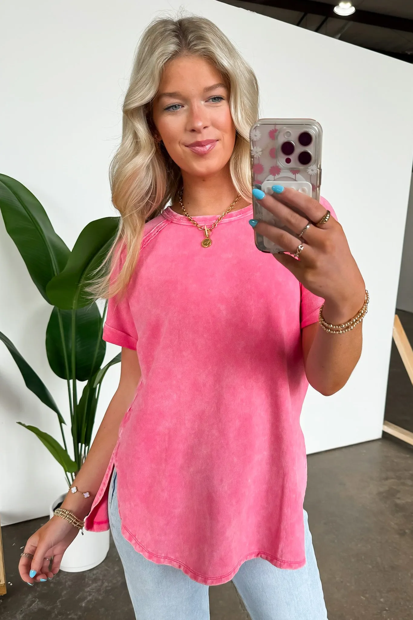 Ashlie Acid Wash Rolled Sleeve Top - BACK IN STOCK