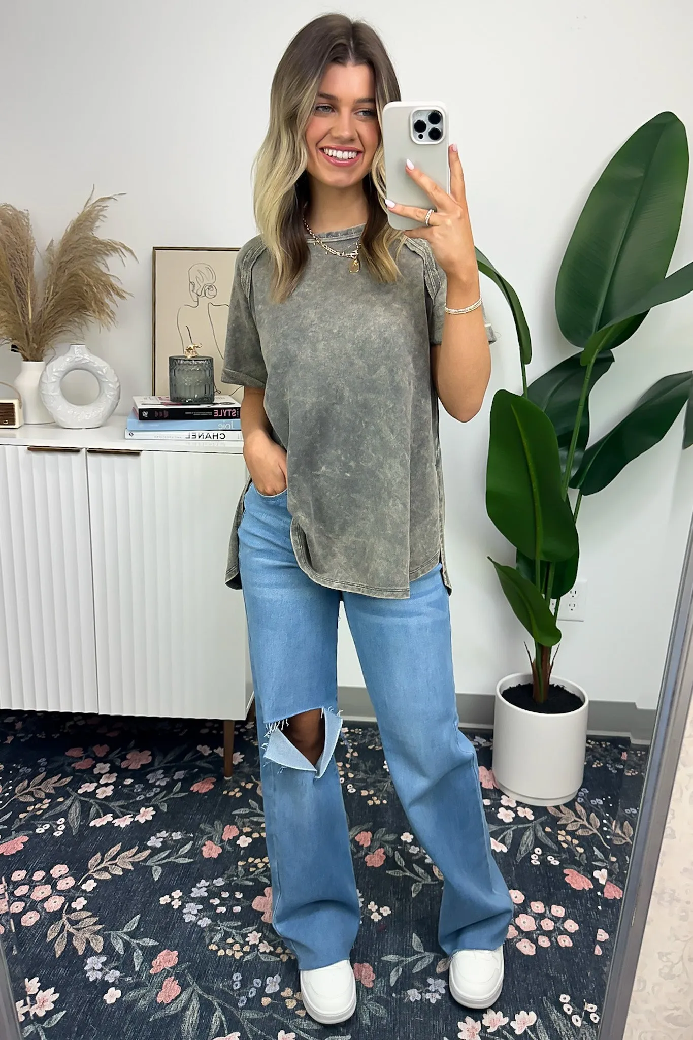 Ashlie Acid Wash Rolled Sleeve Top - BACK IN STOCK