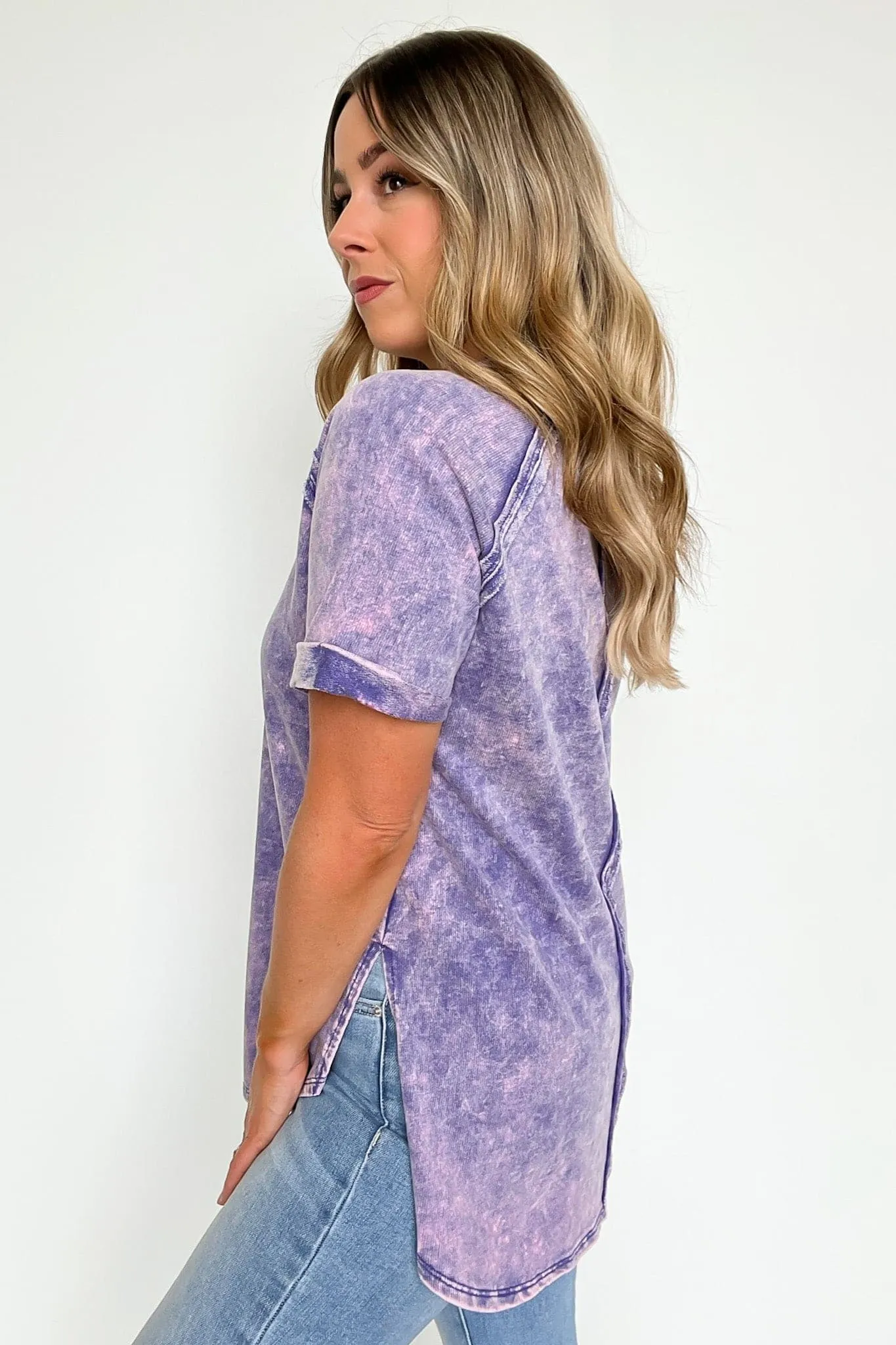 Ashlie Acid Wash Rolled Sleeve Top - BACK IN STOCK