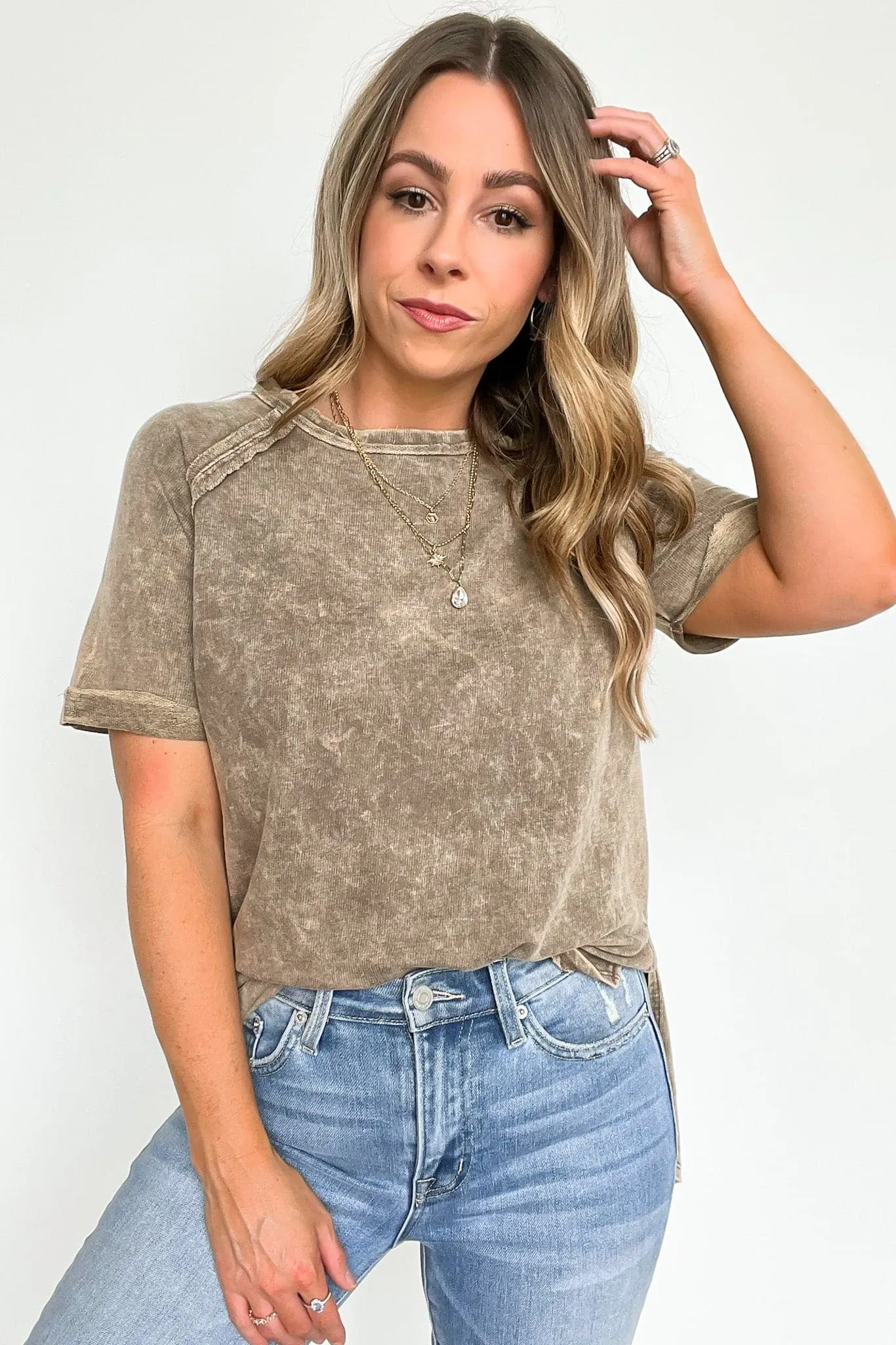 Ashlie Acid Wash Rolled Sleeve Top - BACK IN STOCK