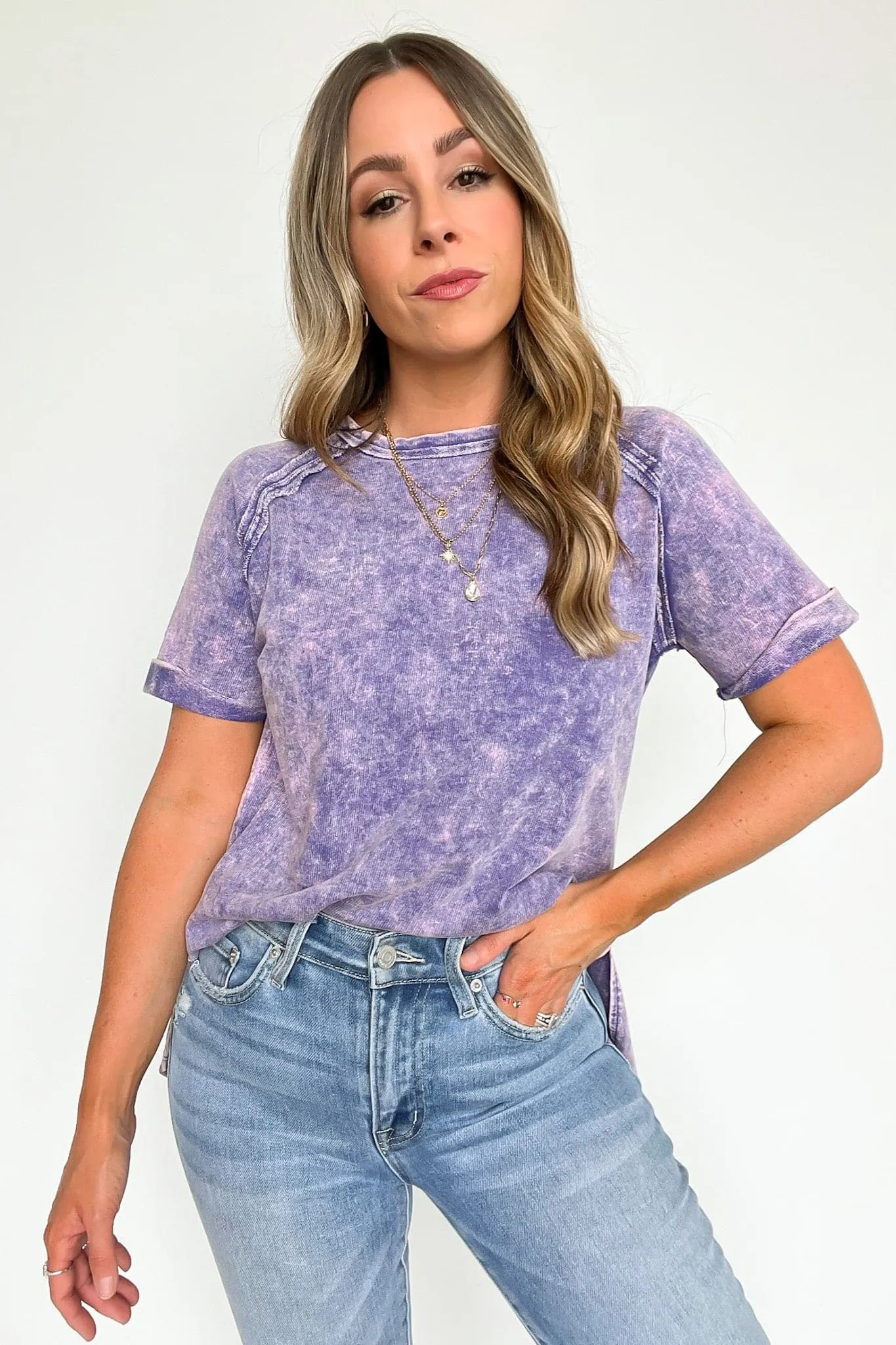 Ashlie Acid Wash Rolled Sleeve Top - BACK IN STOCK