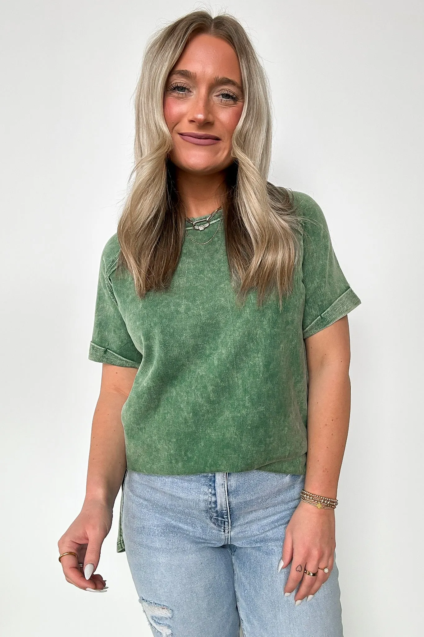 Ashlie Acid Wash Rolled Sleeve Top - BACK IN STOCK