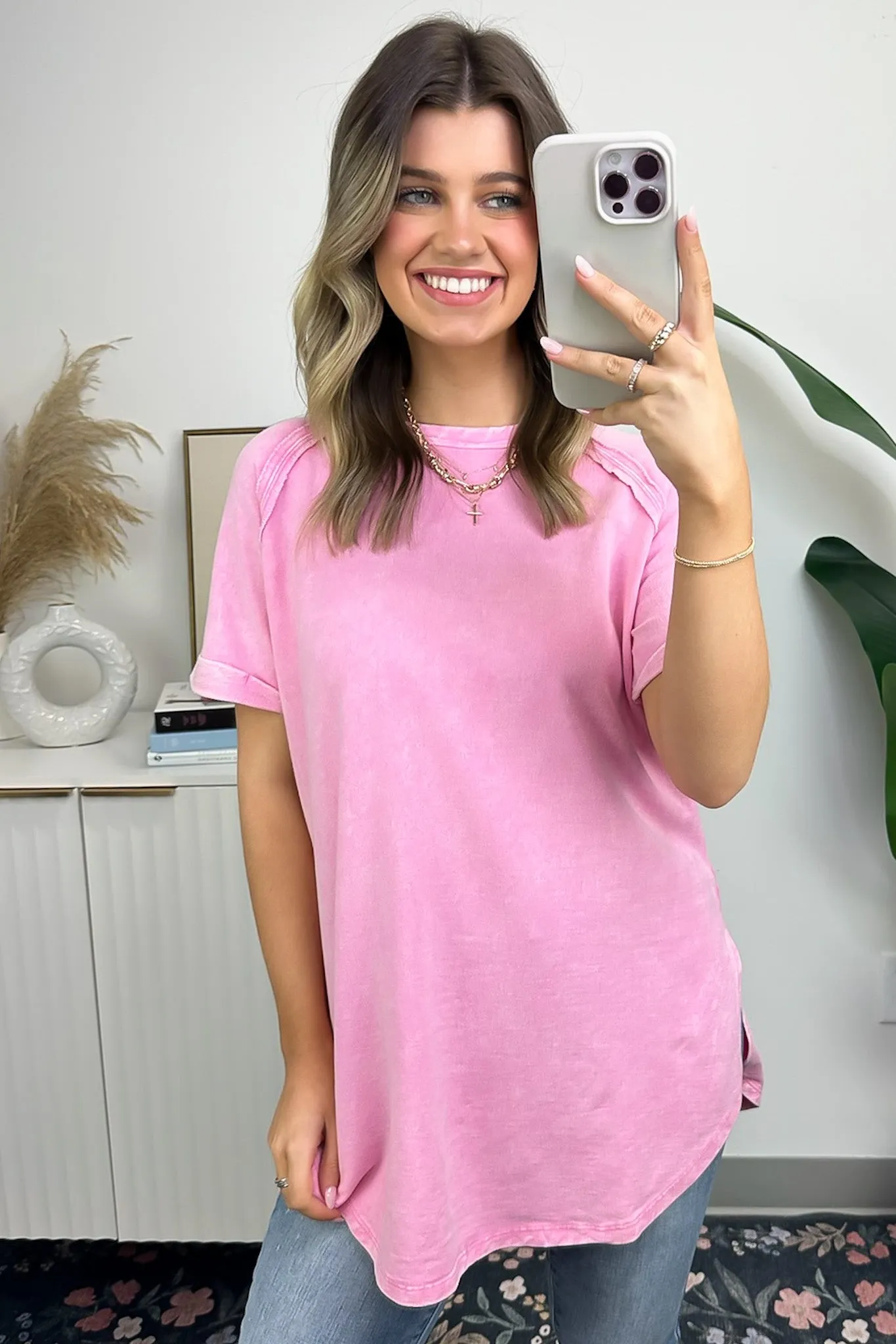 Ashlie Acid Wash Rolled Sleeve Top - BACK IN STOCK