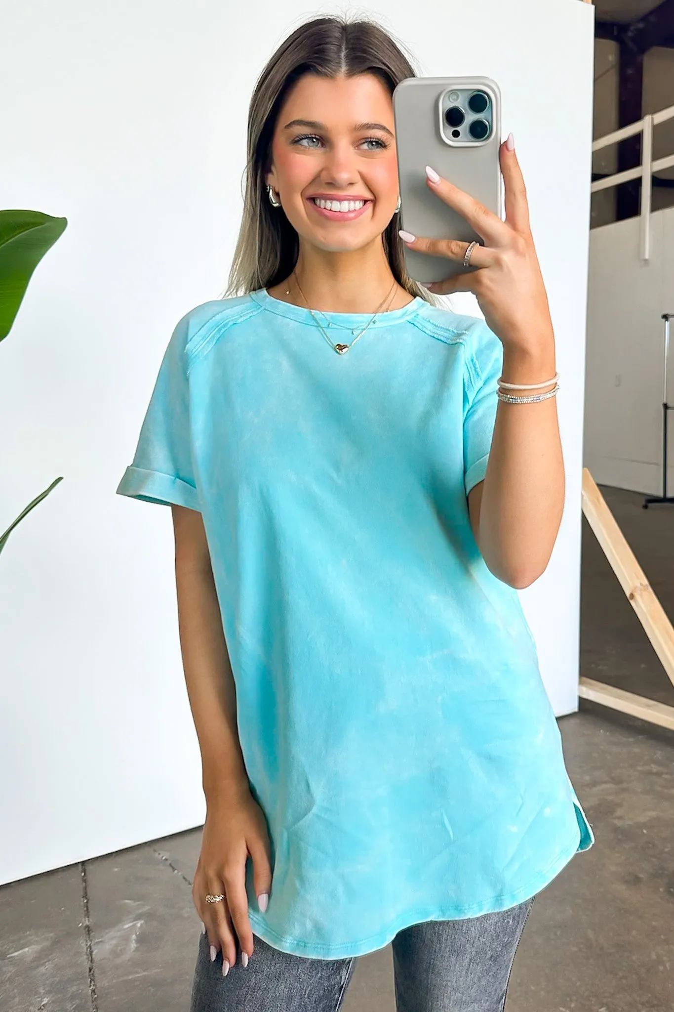 Ashlie Acid Wash Rolled Sleeve Top - BACK IN STOCK