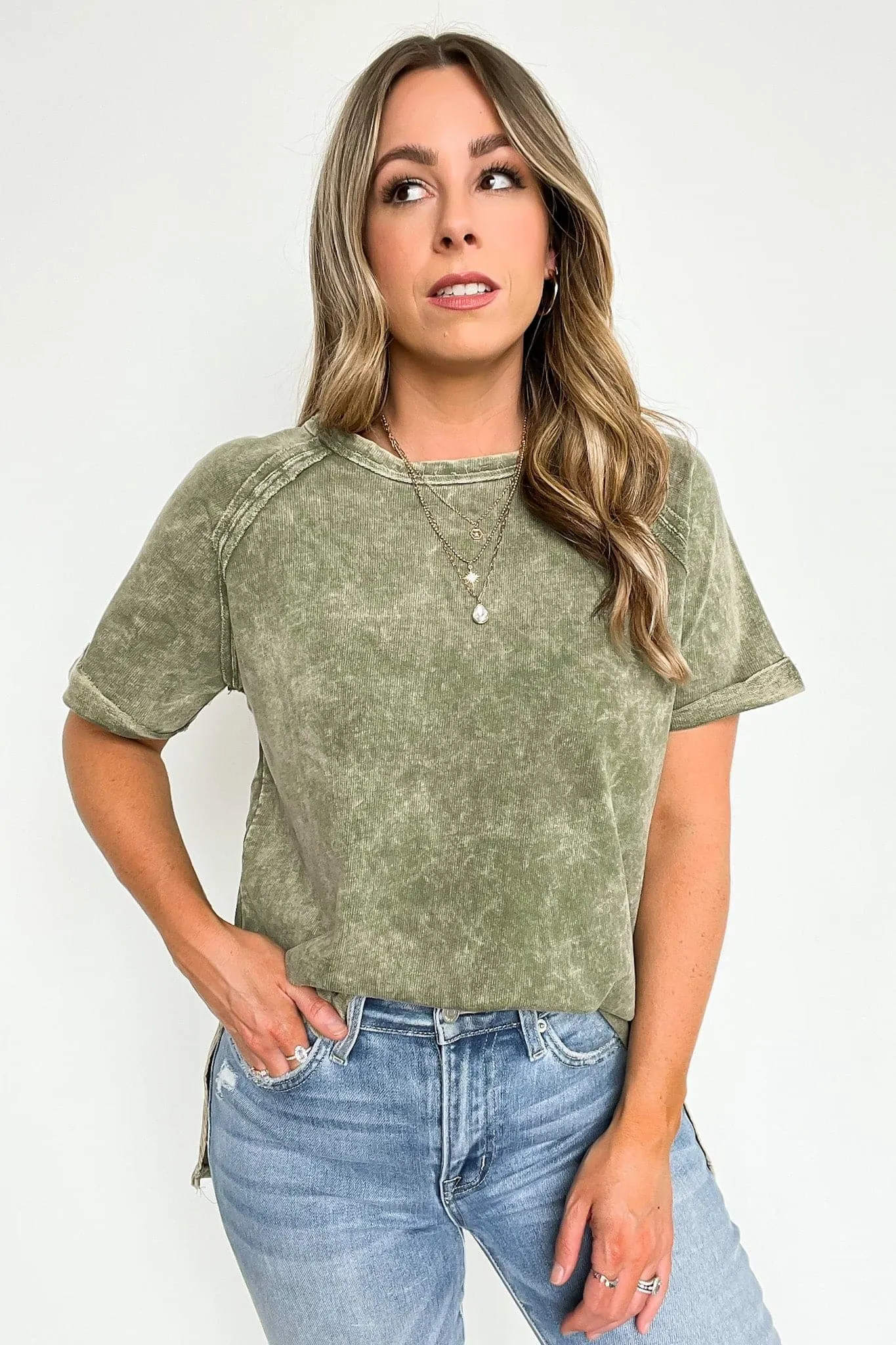 Ashlie Acid Wash Rolled Sleeve Top - BACK IN STOCK