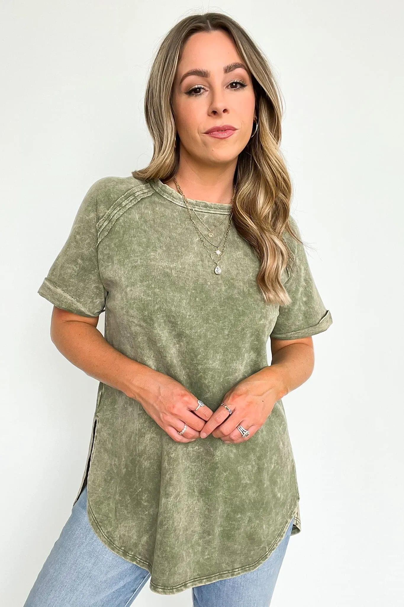 Ashlie Acid Wash Rolled Sleeve Top - BACK IN STOCK