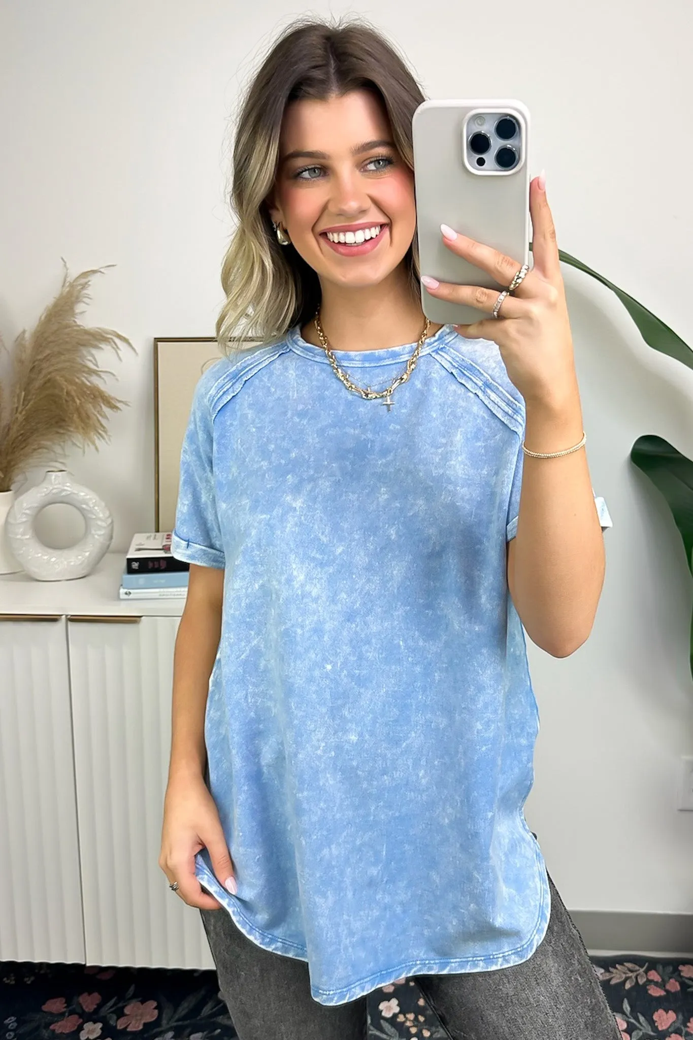 Ashlie Acid Wash Rolled Sleeve Top - BACK IN STOCK