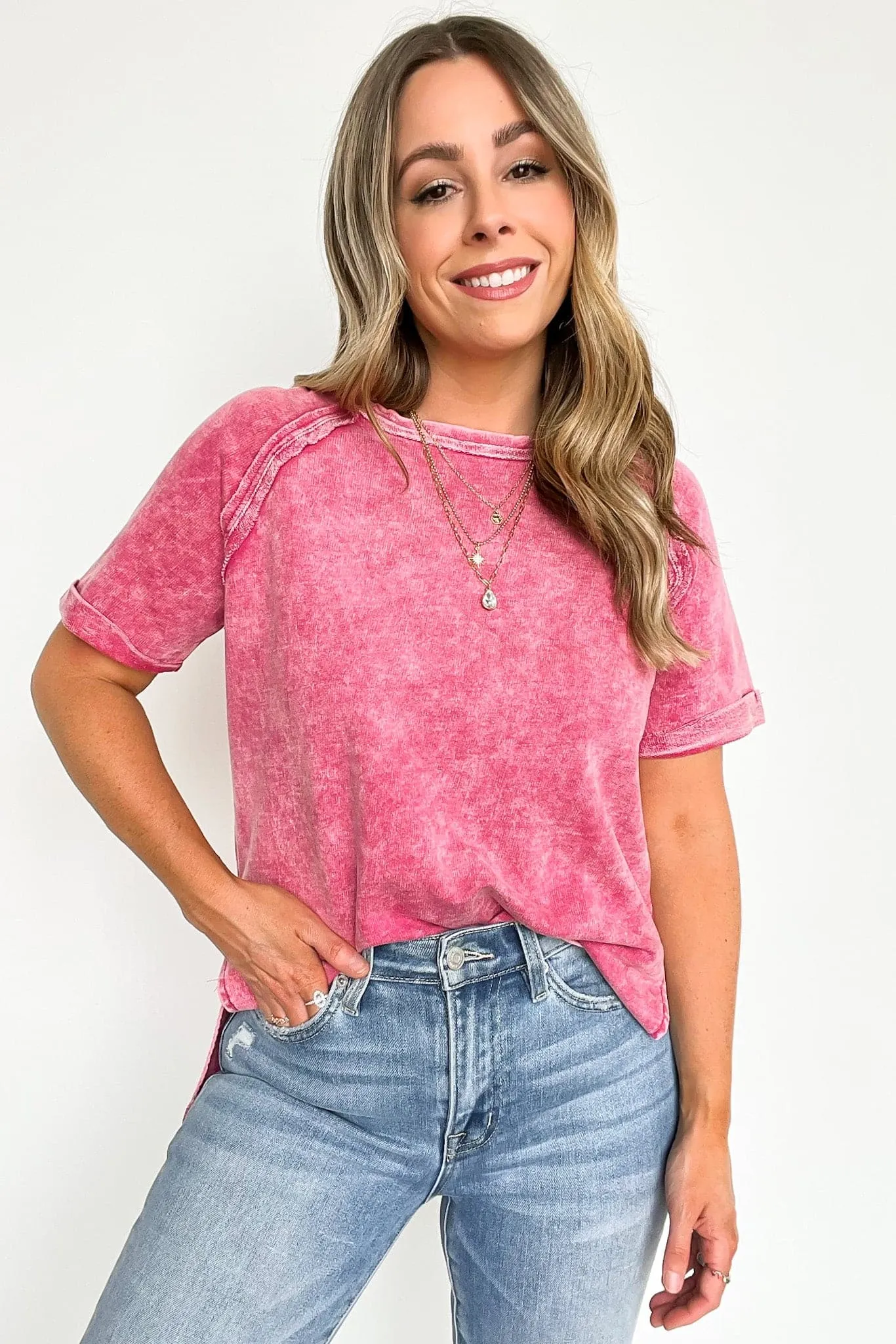 Ashlie Acid Wash Rolled Sleeve Top - BACK IN STOCK