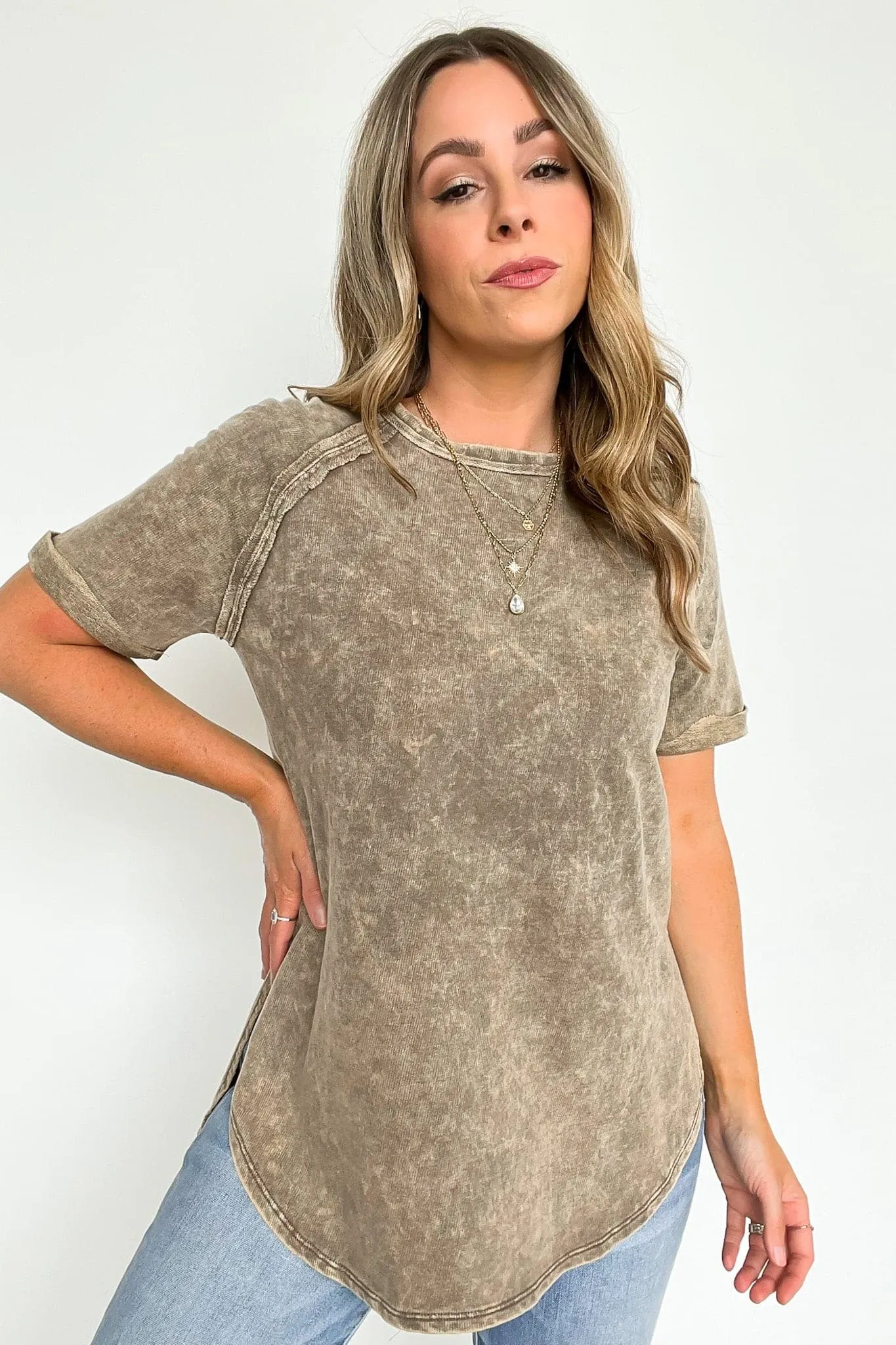 Ashlie Acid Wash Rolled Sleeve Top - BACK IN STOCK