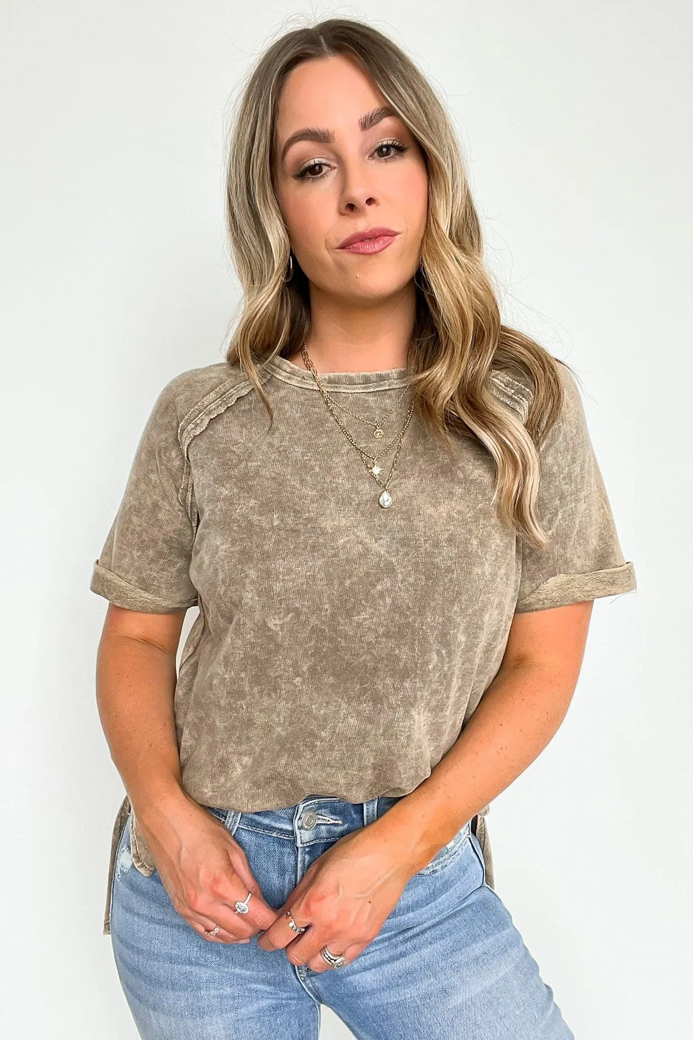 Ashlie Acid Wash Rolled Sleeve Top - BACK IN STOCK