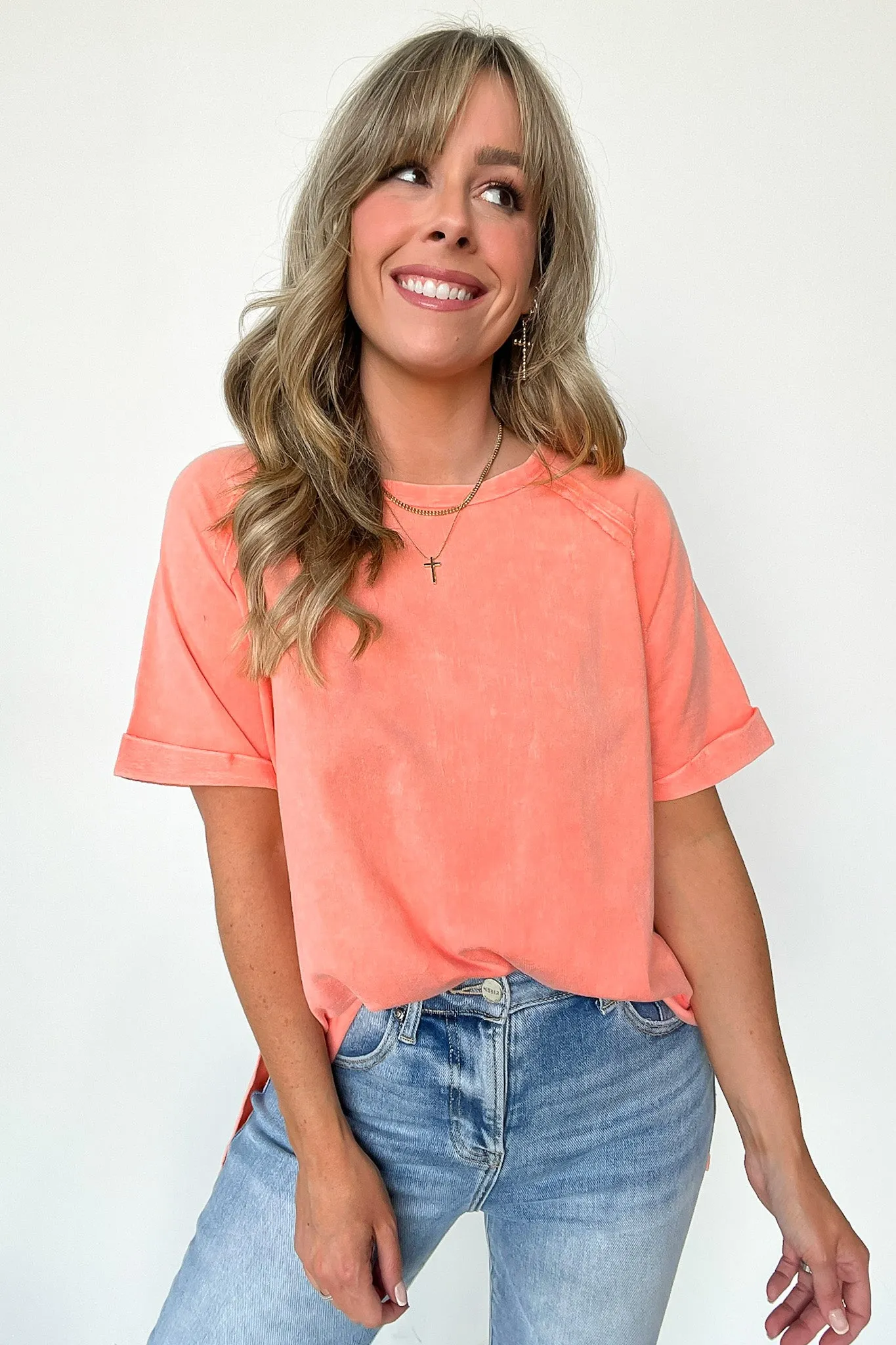 Ashlie Acid Wash Rolled Sleeve Top - BACK IN STOCK