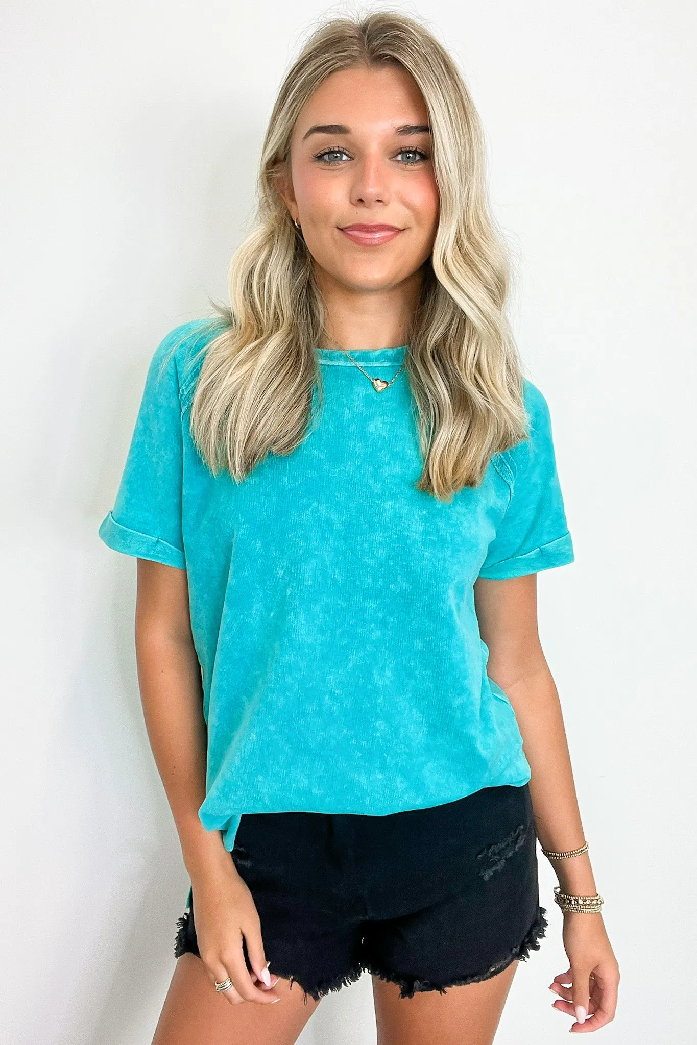 Ashlie Acid Wash Rolled Sleeve Top - BACK IN STOCK